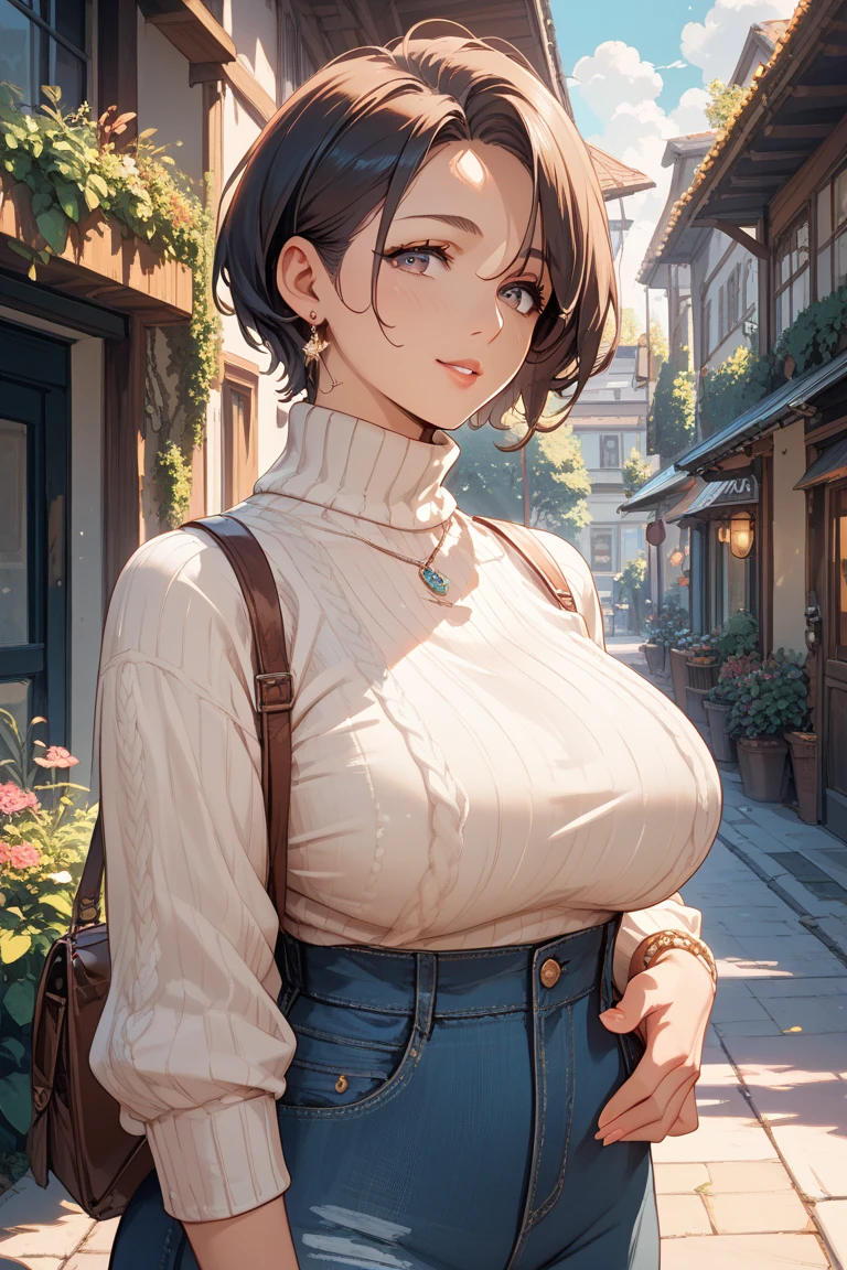 (best quality:1.3), (masterpiece:1.1), (illustration:1.2), (ultra-detailed:1.2), beautiful detailed eyes, beautiful detailed girl, (1girl), (short hair:1.1), brown hair, fluffy hair, (ribbon:1.4), backlighting, (milf:1.1), huge breast, sweater off shoulder, cleavage, short pants, seductive, cheerful expression, Japanese alleyway, walking, black eyes, (one purse:1.5)
