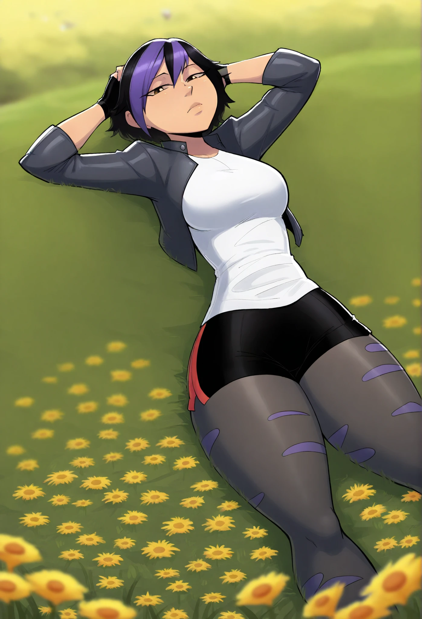 (masterpiece, best quality:1.15), 1girl, solo, lying, on back, beckoning, outstreched hand, reaching towards viewer, looking at viewer, full body, blush, breasts, small breasts, cameltoe, loose clothes, green background, simple background, ash_\(dross\)short hair, brown hair, multicolored hair, blue eyes, shirt, steaming body