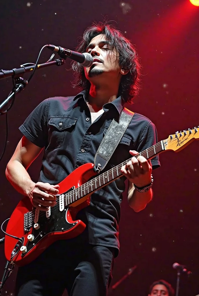A handsome man with a typical Indonesian guitar style, but has a soul and appearance that reflects the flow of rock music. Indonesian face shows a strong character, with an expression full of energy and charisma of a true rock musician. on his concert stage