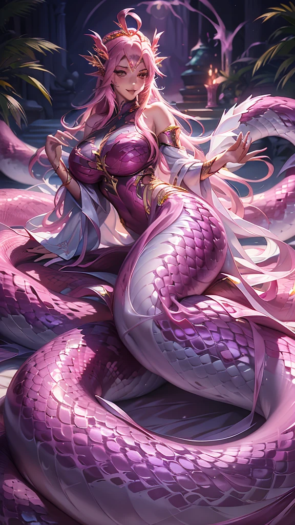 Detailed Snake Tail,beauty,Alluring serpent woman(Lamia),Charming eyes,blush,Monster Girl,Pink long flowing hair,Large Breasts,Semi-naked clothing,On a luxurious and beautiful European gauze bed