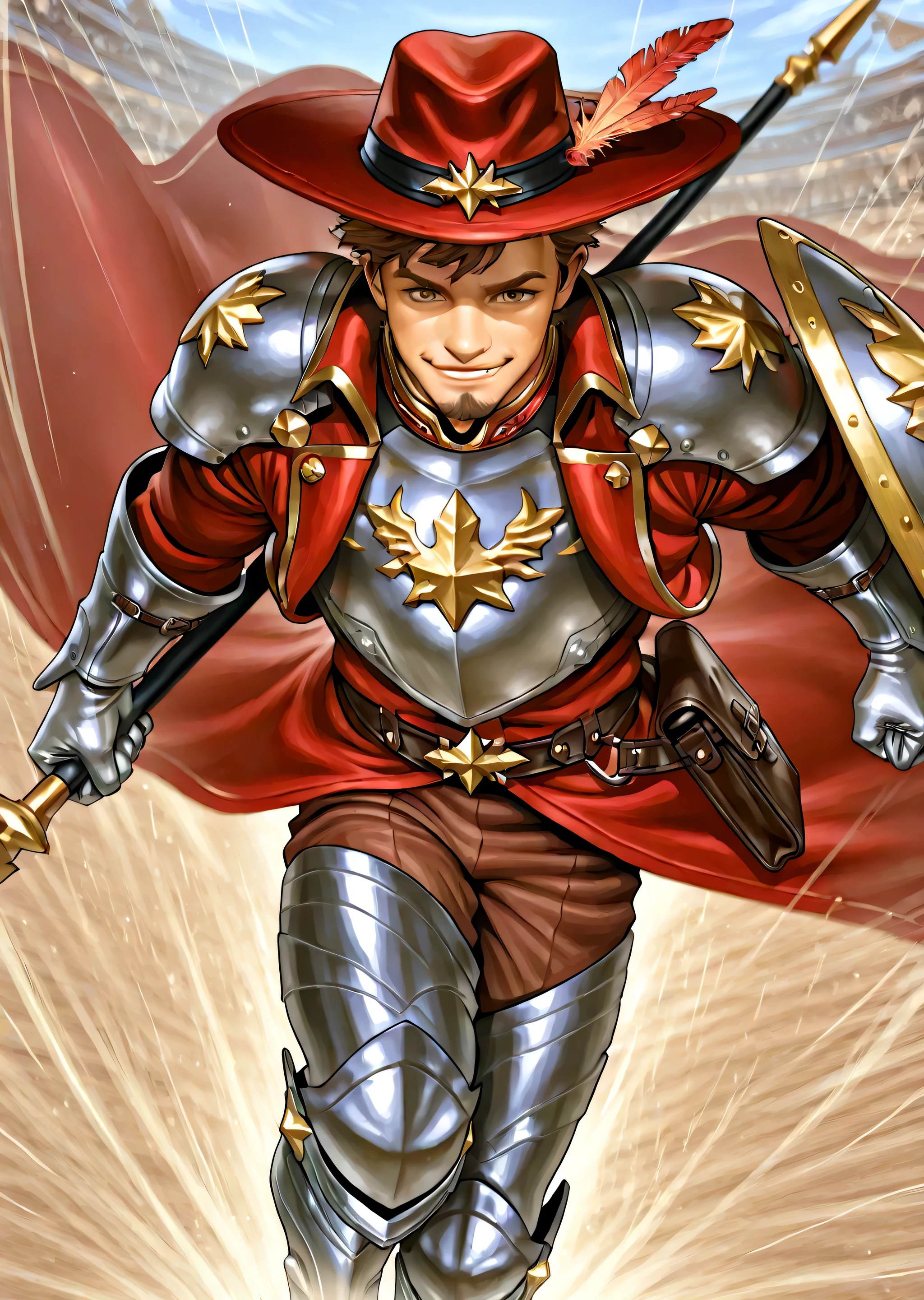 A charming mature male rider wearing a chest plate with shoulder pads and silver gloves, covered on top with a red overcoat with gold details, Also using silver greaves, runs at high speed through the middle of a bustling street market. Your red wide-brimmed hat, adorned with gold feathers and a metallic ornament, almost flies in the wind while He moves swiftly between stalls and frightened vendors. His sly smile and golden look sparkle with adrenaline and fun, while his disheveled brown hair frames a face with a bearded goatee. He carries a leather bag, a sword around the waist and a spear and shield on the back. Semi-realistic style, hair, with an emphasis on the energy and speed of the scene.