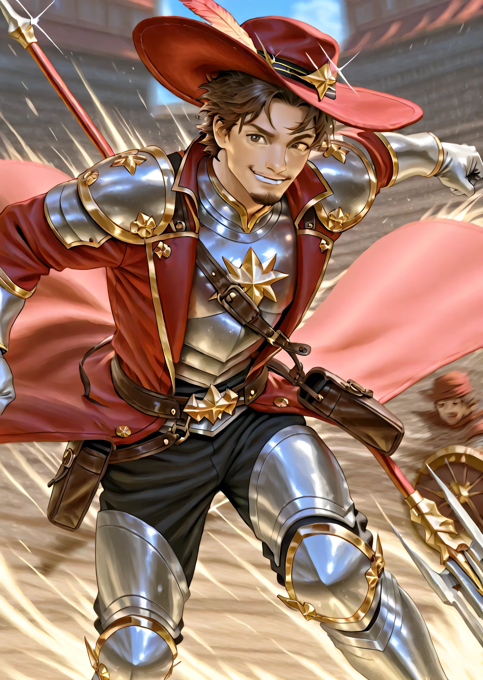 A charming mature male rider wearing a chest plate with shoulder pads and silver gloves, covered on top with a red overcoat with gold details, Also using silver greaves, runs at high speed through the middle of a bustling street market. Your red wide-brimmed hat, adorned with gold feathers and a metallic ornament, almost flies in the wind while He moves swiftly between stalls and frightened vendors. His sly smile and golden look sparkle with adrenaline and fun, while his disheveled brown hair frames a face with a bearded goatee. He carries a leather bag, a sword around the waist and a spear and shield on the back. Semi-realistic style, hair, with an emphasis on the energy and speed of the scene.