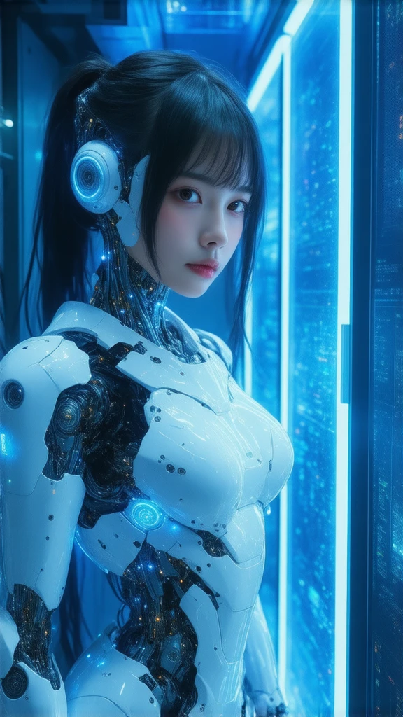 asian woman, standing, stop FRONT VIEW, tez blanca, korean, tits, futuristic clothing, modern outfit provided, NO DEFORMATIONS, beautiful, robot, cyborg, android, light, laser, League of Legends, splah art, sexy, the payment, chrome, Metal, FNAF, Animatronic, White y negro, shadows, contrast, linda, beauty, goddess, kpop, Twice, Blackpink, warframe, robots, EVERGLOW, Aespa, idol, star wars, steel, iron, Metal, the payment, Dark, lingerie, Dorado, gold, lights, trails, cables, wires, doll, doll, doll, haydee. neutral background, armor, haydee, hair without bangs, hair on the sides, long straight hair, hair without bangs, hair on the sides, White, White, oppai, big tits, big tits, throw, general, DIRECTOR, big breast. lights celestes, light blue lights.
