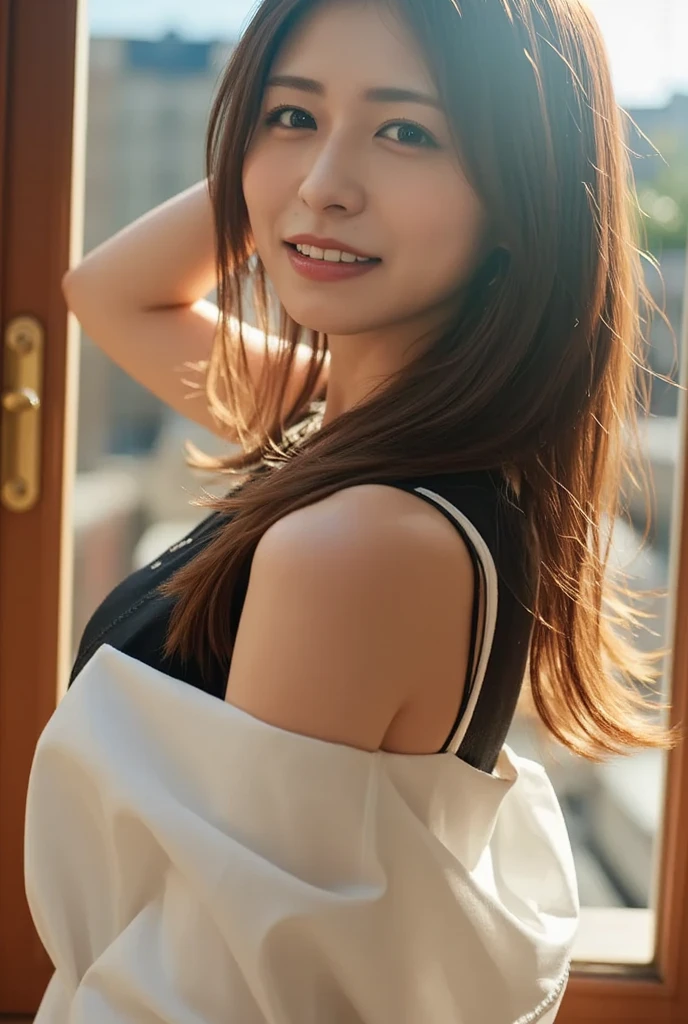 (8K,Raw photo、Raw photo、top-quality、Master masterpiece:1.2)、ultra-detailliert、Super Resolution、(Photorealsitic:1.3)、Angle to shoot from the front、Clearly draw shades of light、high resolution RAW color photos、professional photograpy、Same skin type as humans、Female proofreading of Japan from head to toe、Blur the background、Draws faithfully to anatomy、Very detailed and beautiful、Ultra-high image quality、long、Hair swaying and sexy、Very detailed beautiful girl、(Pink Eye Shadow)、smil、Plain clothe、Daikanyama、date、Loosely curly hair、wave her hand、turned around、pulling the hands up、the pose、