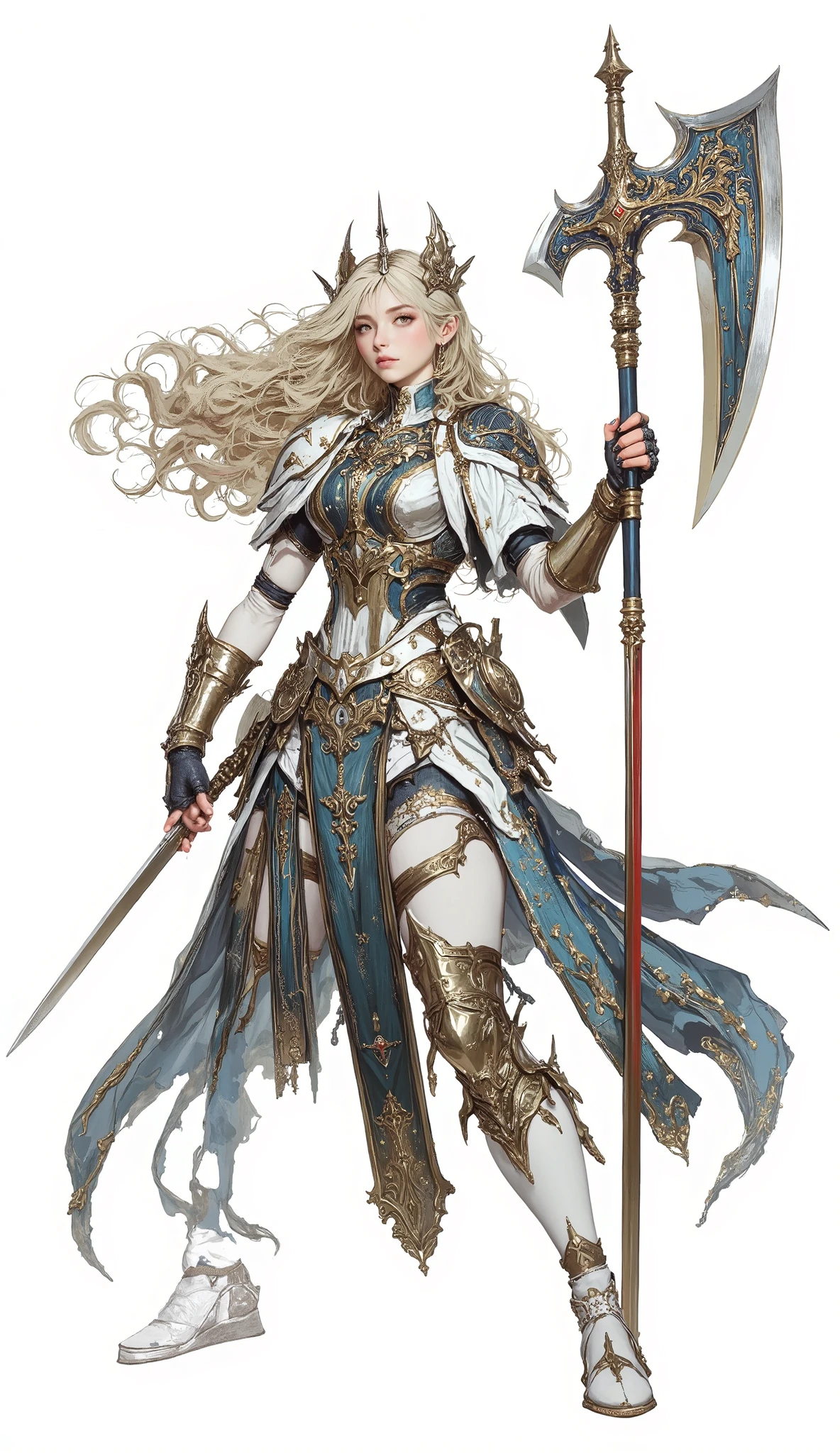 (Masterpiece:1.5),(Top Quality:1.3),(Amazing Quality:1.3), (Anime Character:1.3), ((nsfw)), Solo, Full Length, Chiara, 1 Girl, ((Sexy cute woman:1.5)), White Skin, Silver Gauntlets, Silver Boots, Western sexy Armor, Shining Clothes, gleaming decorations, ((with gigantic Axe type weapon:1.6)), ((sword dance:1.5)), (Wielding a weapon:1.5),pulsatile, The best of the Middle Ages, Female warrior, ready to fight, glamorous, blond hair, gothic dress, muscular body, sophisticated and glittering medieval armor, beautiful, very precise and delicate animation, vivid colors, unreal world, fantasy delusion, ((full body view)), (((not background, White background))),