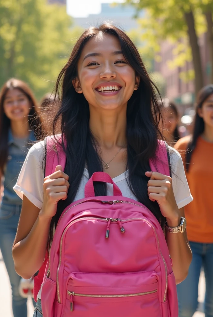 A pinay Adriana Lima as a student blue skirt with a nice smile pink backpack in a school building hallway 