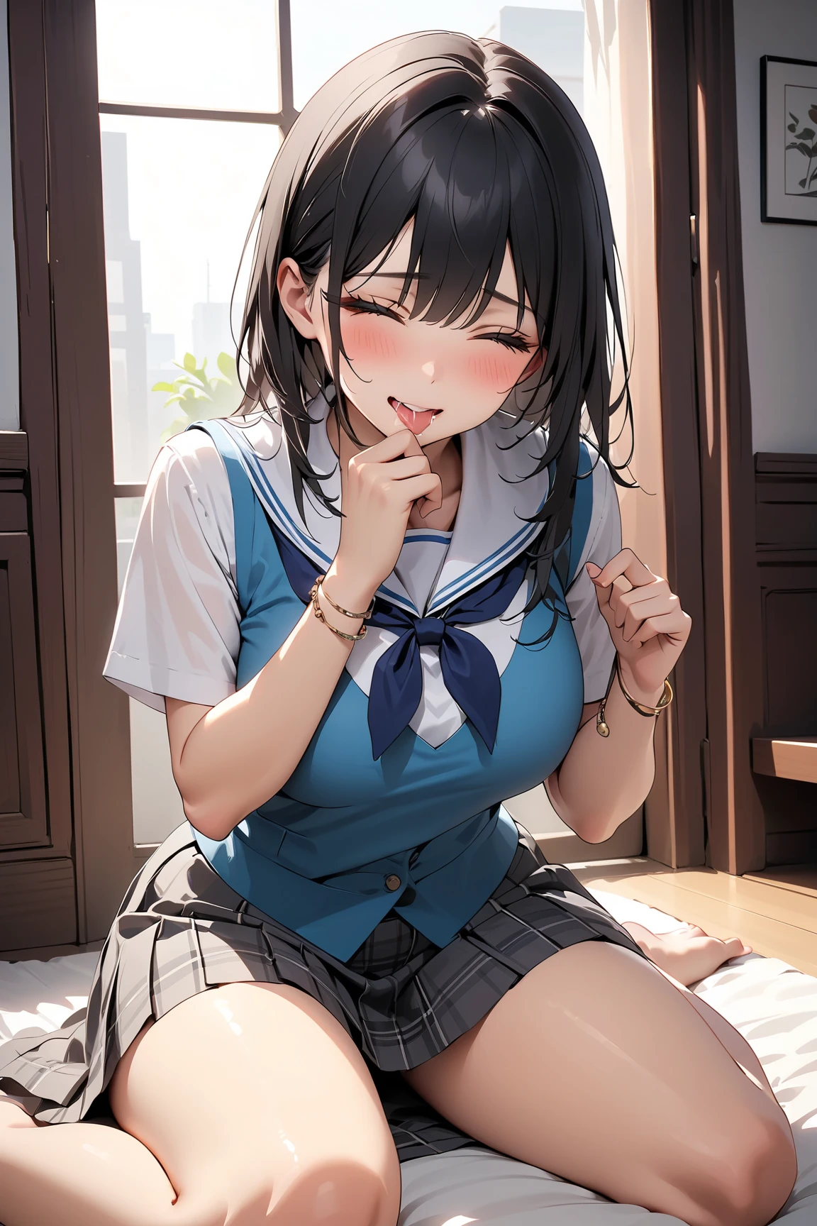 one girl、(blazerを脱ぐ:1.5)、(close one eye:1.5)、NSFW,1 boy,penis,(Bukkake:1.5),(cum on face:1.5),Honor student、popular person、beautiful black hair、Hair reaching down to the waist、bangs、big breasts(C cup)、blazer、3rd year high school student、height: 160cm、Weight 50kg、delicate body、gray skirt、blue ribbon、cute face、cute anime illustration、classroom、black socks,blue underwear、tears、cry、My underwear is transparent、(kneel down and look up at the viewer:1.5)