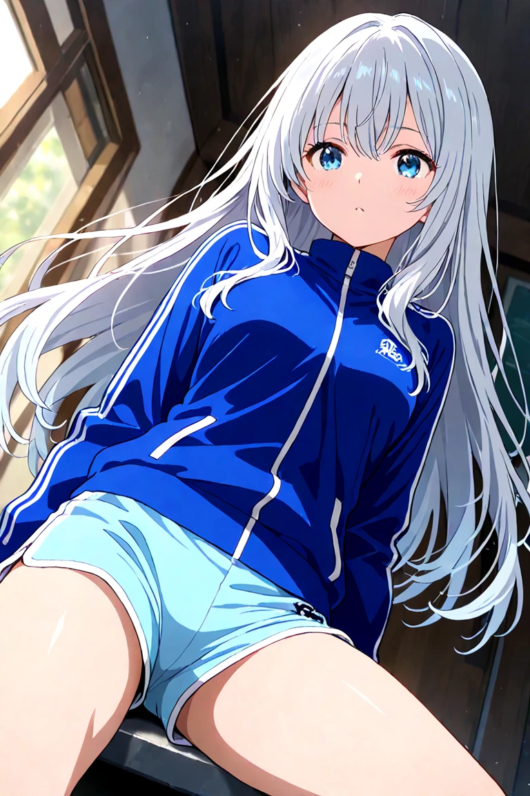 Masterpiece, best quality, very detailed, Ultra high resolution, (photorealistic:1.4), raw photos, (realistic:0.2), 1 girl, alone, long hair,,8k hdr, 1 girl,white hair,red eyes, medium-large breast, bright eyes, , medium-small breasts,Wearing a Man City shirt, Squatting