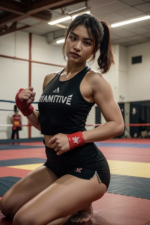 A female, Stamp Fairtex, One championship, muaythai fighting on stage, wearing a colorful sports bra and shorts, standing in front of an audience in an arena.