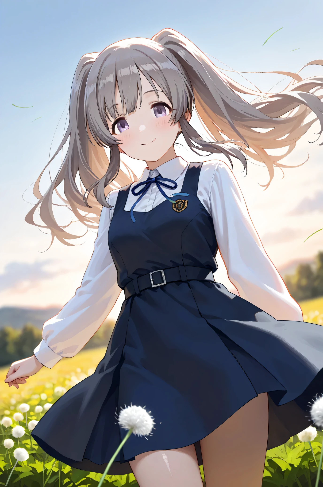 (Masterpiece), (Highest quality), (Very detailed),
(The best shape), (Best Shadow), (Absurd),
(Detailed background), (So beautiful), Shiny ,
Beautiful eyes in every detail, Extraordinary, Countershading, 8k, 32K, High resolution,
Very Detailed CG,
Score_9, Score_8_up, Score_7_up, Source_anime,
(Pastel painting:1.2), (Watercolor painting:1.2),
(Masterpiece, Detailed:1.2), (Foreshortening:1.2),
Cinematic, Dramatic, (Depth of field:1.4),
(Blurry background:1.4), (Realistic background:1.4),
(foreshortening:1.3),
Dynamic angle, Dynamic pose, from below,
1 girl,
Outdoor, Nature, Flower Field, Wind, (Dawn:1.2),
Dandelion, Dandelion fluff,
Yukoku Kirino,
the idolmaster shiny colors,
yukoku kiriko, Twin tails,
school uniform,
white shirt, collar shirt, slateblue ribbon, Long sleeves shirt,
One-piece dress, slateblue one-piece dress, belt,
Cowboy shot,
(Blush:1.3),
Smile,
Happy,
Realistic skin,
Shiny skin,
Focus on face,