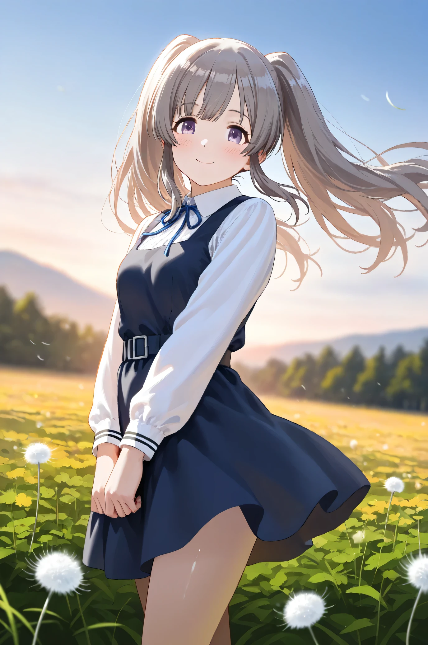 (Masterpiece), (Highest quality), (Very detailed),
(The best shape), (Best Shadow), (Absurd),
(Detailed background), (So beautiful), Shiny ,
Beautiful eyes in every detail, Extraordinary, Countershading, 8k, 32K, High resolution,
Very Detailed CG,
Score_9, Score_8_up, Score_7_up, Source_anime,
(Pastel painting:1.2), (Watercolor painting:1.2),
(Masterpiece, Detailed:1.2), (Foreshortening:1.2),
Cinematic, Dramatic, (Depth of field:1.4),
(Blurry background:1.4), (Realistic background:1.4),
(foreshortening:1.3),
Dynamic angle, Dynamic pose, from below,
1 girl,
Outdoor, Nature, Flower Field, Wind, (Dawn:1.2),
Dandelion, Dandelion fluff,
Yukoku Kirino,
the idolmaster shiny colors,
yukoku kiriko, Twin tails,
school uniform,
white shirt, collar shirt, slateblue ribbon, Long sleeves shirt,
One-piece dress, slateblue one-piece dress, belt,
Cowboy shot,
(Blush:1.3),
Smile,
Happy,
Realistic skin,
Shiny skin,
Focus on face,
