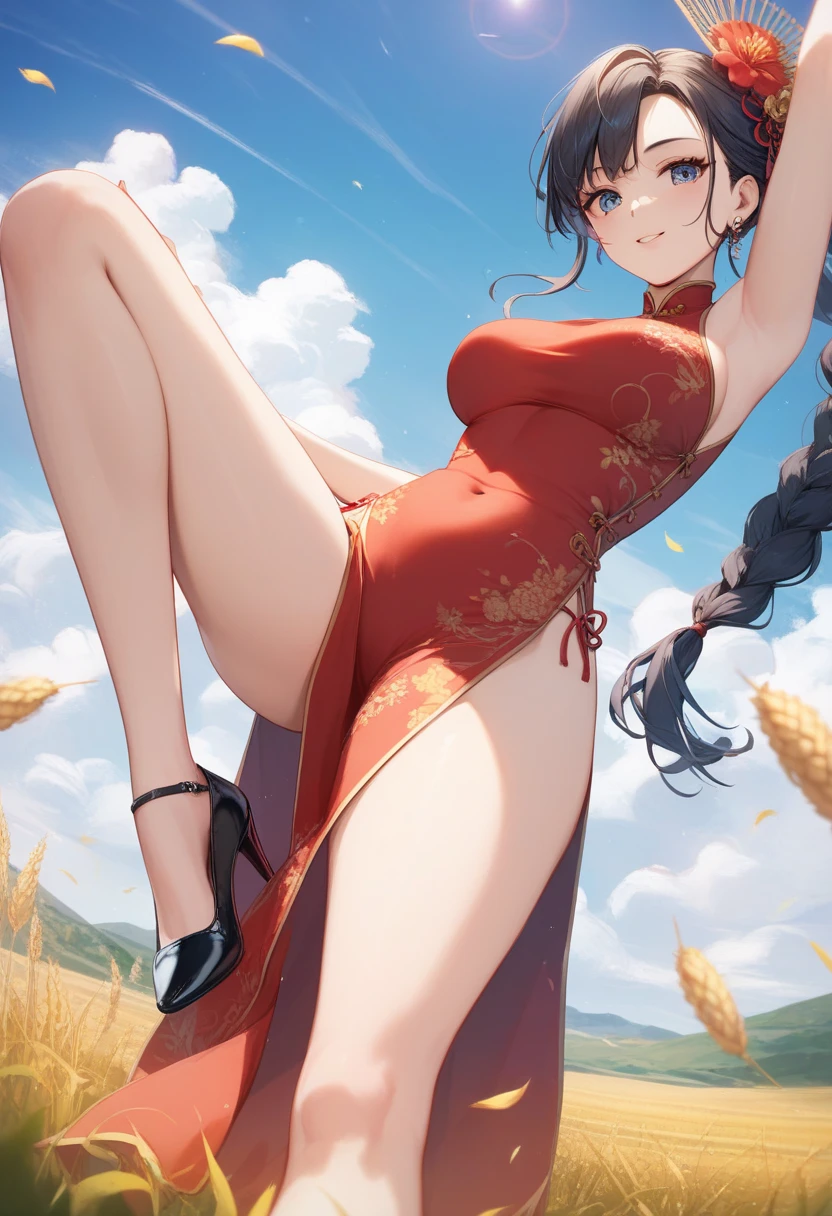 1girl、(9 year old martial artist gives footjob to penis)、Laugh with your mouth open、Black hair in twin buns、(Short cheongsam)、Cheongsam with slit、Shoulders are exposed、((Raise your knees))、Plump thighs、(foot on penis)、((sexy))、1boy、boy is hero、(penis)、(amazon position)、(The man is wearing armor)、The man is lying on the ground、((eject cum))、(On the unpaved roads of the village)、((Angle from below))、Stepping on the penis、