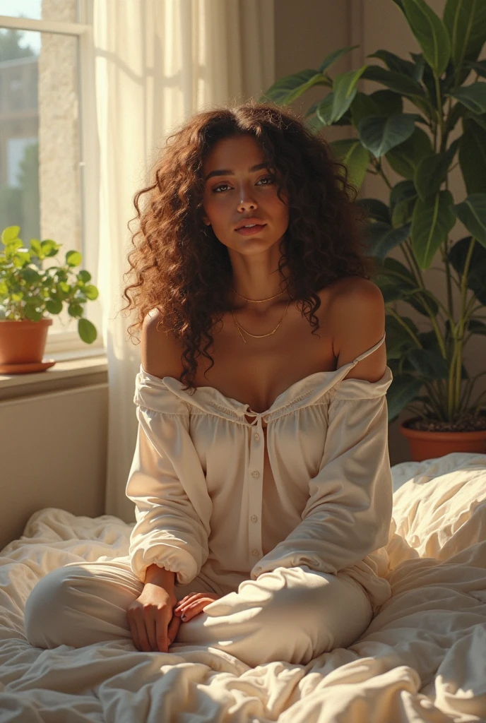 (photorealism:1.2), beautiful woman, sitting on bed, wearing loose off-shoulder top, pajama pants, long curly hair, indoors, soft lighting, plants in background, window with sunlight, cozy room, relaxed pose, realistic, intricate details, warm colors, by Greg Rutkowski, by Alphonse Mucha