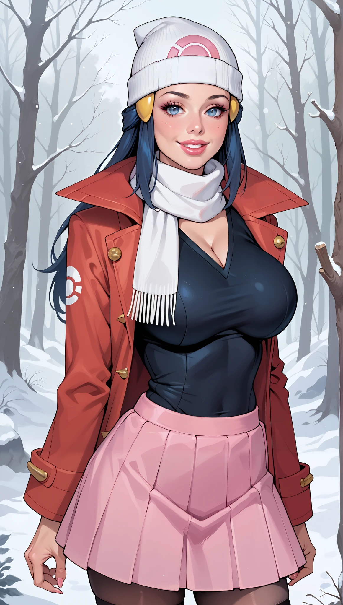 1 girl, ((Dawn from Pokemon)), ((big perfectly round gravity defying fake )), dark blue hair bimbo slut, adult age 22, detailed blue eyes, bimbo lips, toque hat, white scarf, winter red coat very busty, pink pleated miniskirt, (Pokemon winter Forest setting), (obsessive possessive eyes evil smile),