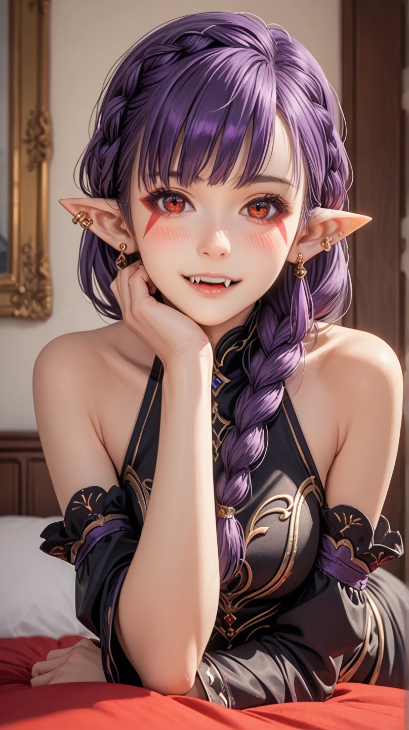 cinematic film, Realistic photograph, shallow depth of field, vignette, highly detailed, high budget, bokeh, cinemascope, moody, epic, gorgeous, film grain, grainy, 
A romantic action movie still portrays a distant, candid shot of a female character with long, purple hair that is tied up chignon style.
The background is dominated by deep green and purples mountainscape, with a large green visible sun in the dusk sky, creating a mysterious and dramatic atmosphere.
The character's face is reminscent of a celebrity, with a small nose, adorable look.  She has a flirting smirk visage,with penetrating knowing eyes and striking features.
She wears a sheer, skimpy outfit with abundant tiny and delicate gold body chains, delicate jewelry, and mediums-sized elf-like ears. sunrays backlight the gorgeous young woman.
cinematic film, Realistic photograph, shallow depth of field, vignette, highly detailed, high budget, bokeh, cinemascope, moody, epic, gorgeous, film grain, grainy, 
