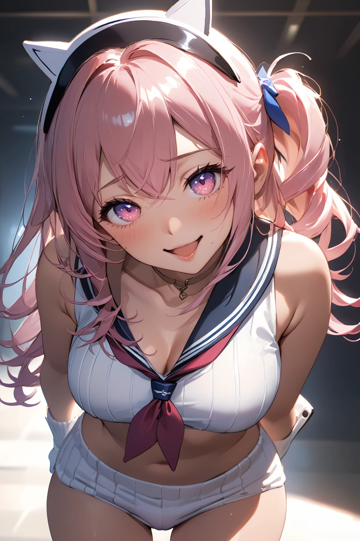 mastute piece,Best Quality,insanely detailed,8k cg,nsfw,
(shoot upper body:1.3),
(1girls:1.3),standing,looking at viewr,body in front,both arms behind back,(sailor school swimsuit:1.3),(bare breasts:1.1),(bare nipples:1.1),
break,
blush,shy,(ecstasy face),(trembling:1.2),break,(light pink hair:1.2),
break,
perfect breasts,perfect teats,(open mouth:0.9),(large breasts:1.2),
(poolsaid)、