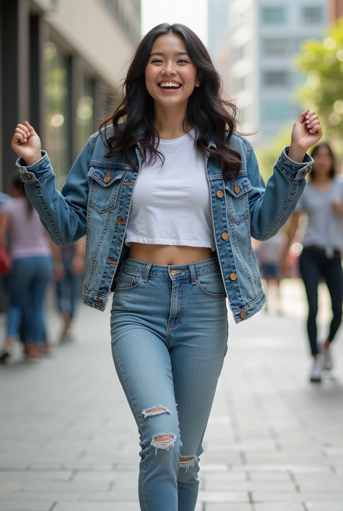 ((best quality)), ((masterpiece)), (detailed), Beautiful , laughing, mumbai, jeans kurti , looking away