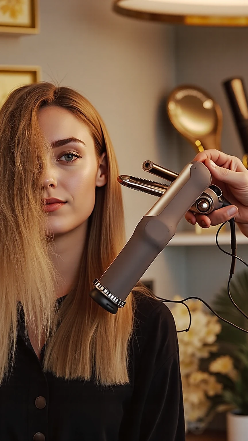 woman holding a hair dryer in front of a mirror, hair are curled wired cables, wires for hair, hair are cable wires, hair are wired cables, including a long tail, cable wires as hair, easy to use, multiversal hair, with long, incredible quality, long curl hair, gorgeous features, electric hair, multiple layers, whole-length, multiple