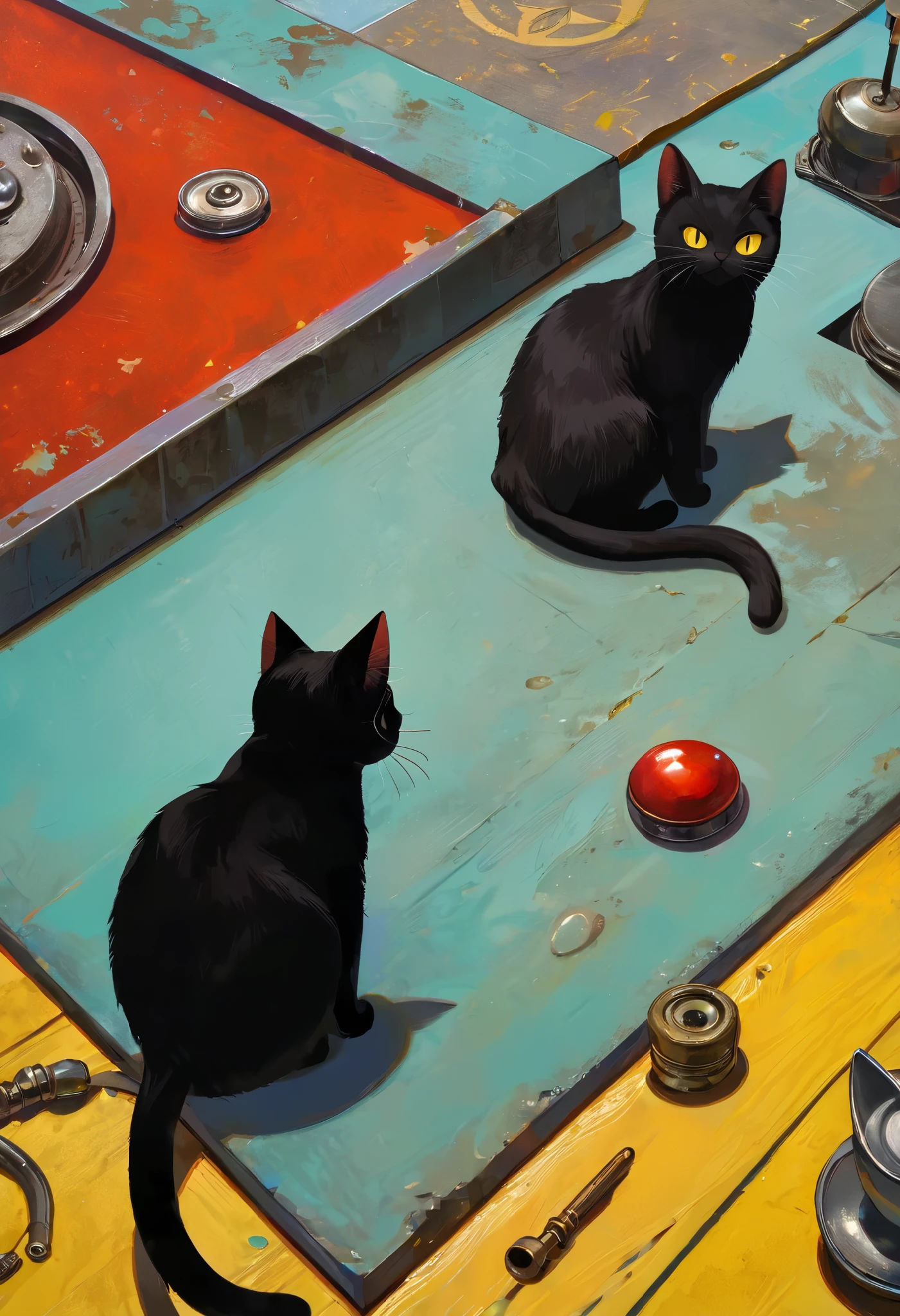 A picture of a devil cat is depicted on a simple decorative rusted metal sign, dark, Dave McKeanからインスピレーションを受けたアートワーク, bright colors, complicated details, oil.