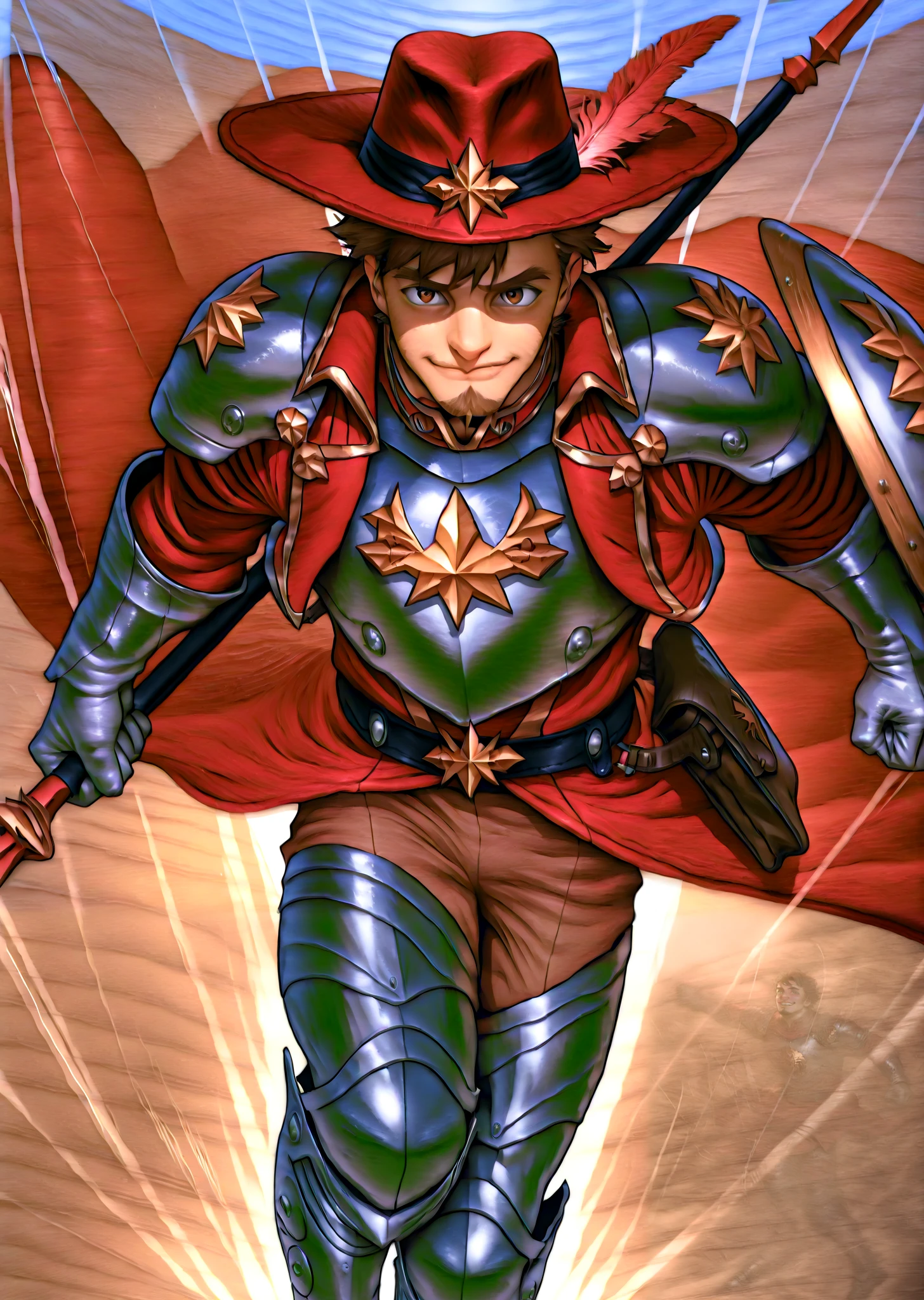 A charming mature male rider wearing a chest plate with shoulder pads and silver gloves, covered on top with a red overcoat with gold details, Also using silver greaves, runs at high speed through the middle of a bustling street market. Your red wide-brimmed hat, adorned with a single big gold feather and a metallic ornament, almost flies in the wind while He moves swiftly between stalls and frightened vendors. His sly smile and golden look sparkle with adrenaline and fun, while his disheveled brown hair frames a face with a bearded goatee. He carries a leather bag, a sword around the waist and a spear and shield on the back. Semi-realistic style, hair, with an emphasis on the energy and speed of the scene.