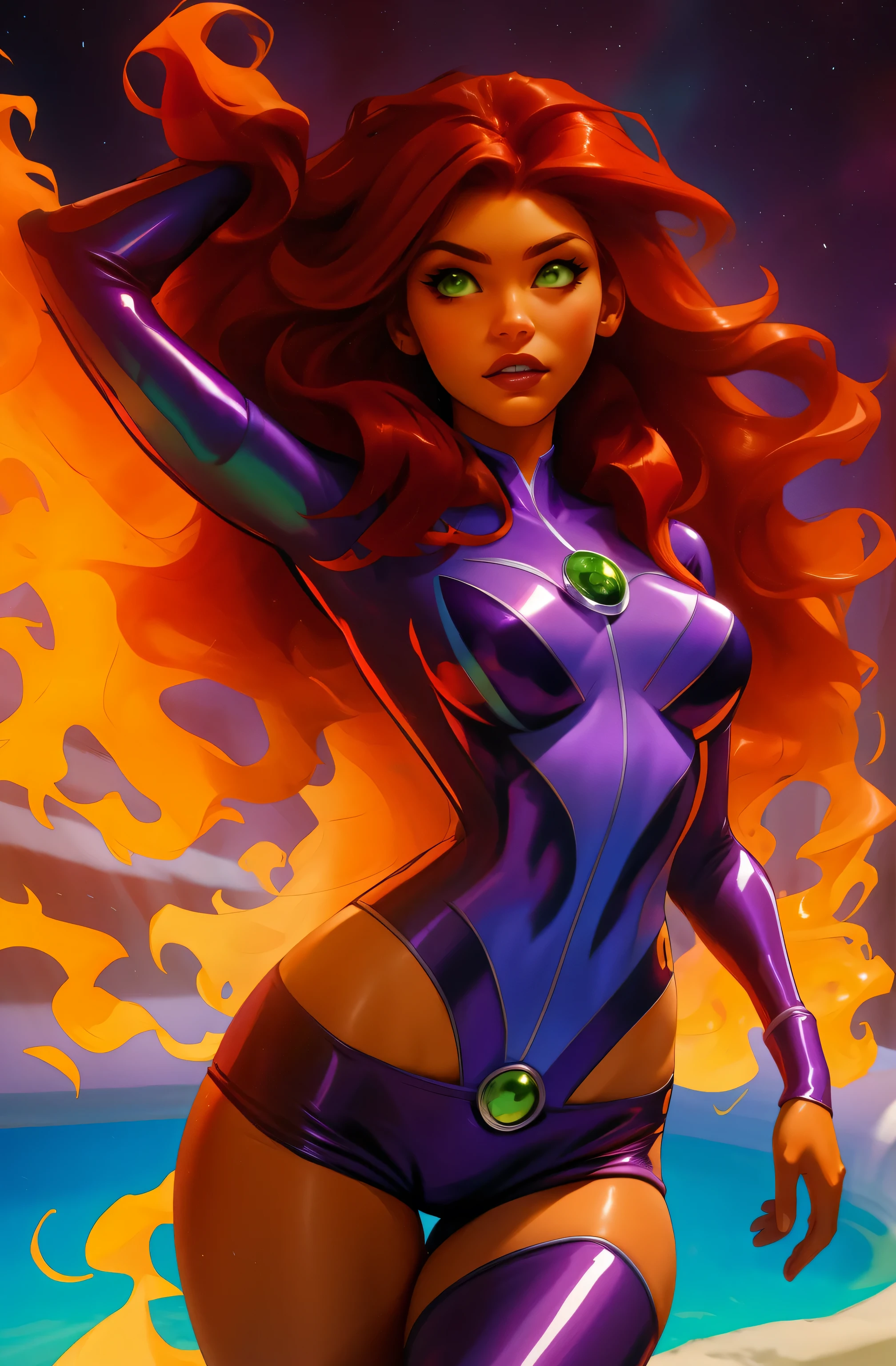 Starfire, Titans, adult woman (( comic book style )), incredible artwork , long brown-haired woman , dark skin, green eyes, He wears a purple superhero costume, with a ruby on her chest , green eyes brilhantes ((long brown hairstyle )), Thick , ((tight red, belt)), perfect legs , 8k, ((white background)), masterpiece, best quality