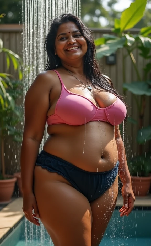 51 years old chubby fit milf lady wearing a sri lankan flag bikini that transparent her fit belly. Arabian look. blue eyes. pearcing, two piece bikini. red chubby lips, ultra realastic, in the bath room, wet, wearing tower;