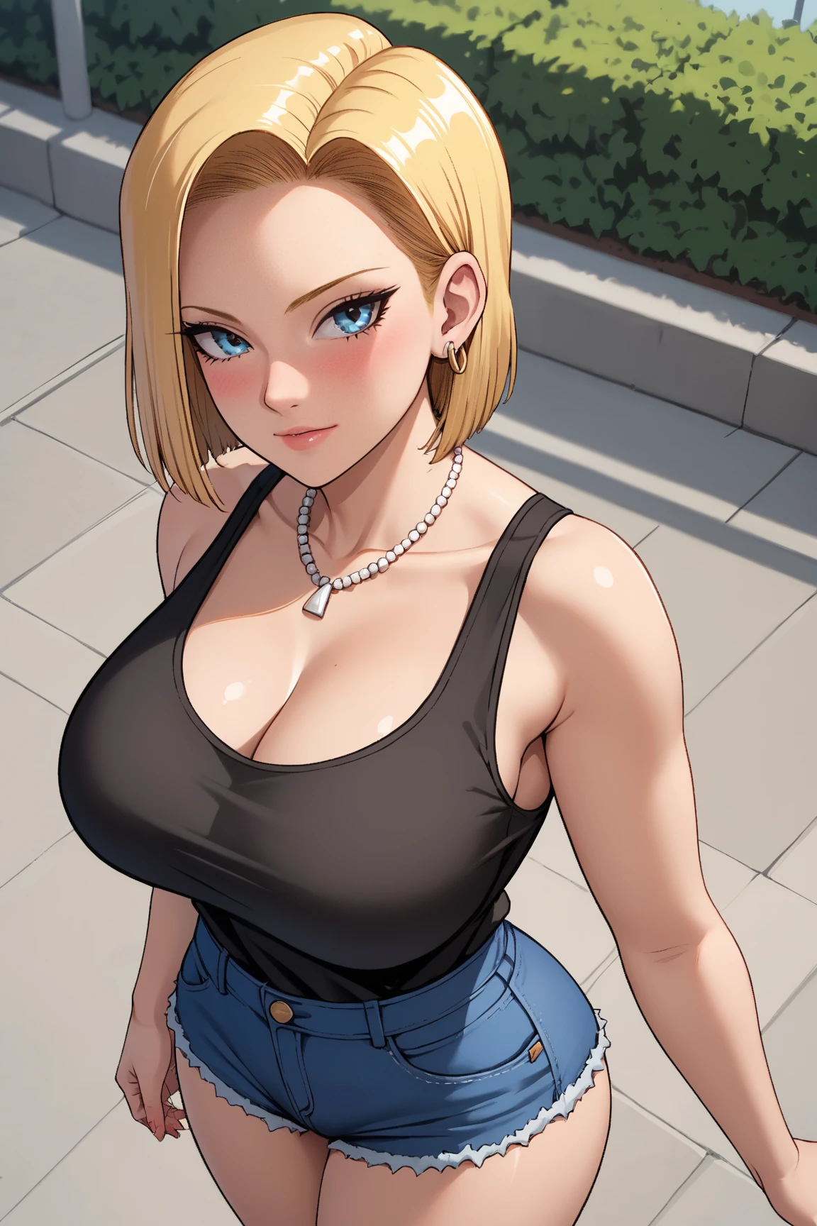 masterpiece, best quality, <lora:erasa-nvwls-v1-000009:1> erasa, blonde hair, earrings, green shirt, striped, strapless, cleavage, white belt, purple pants, large breasts, fists, surprised, standing, from above, street, night, house