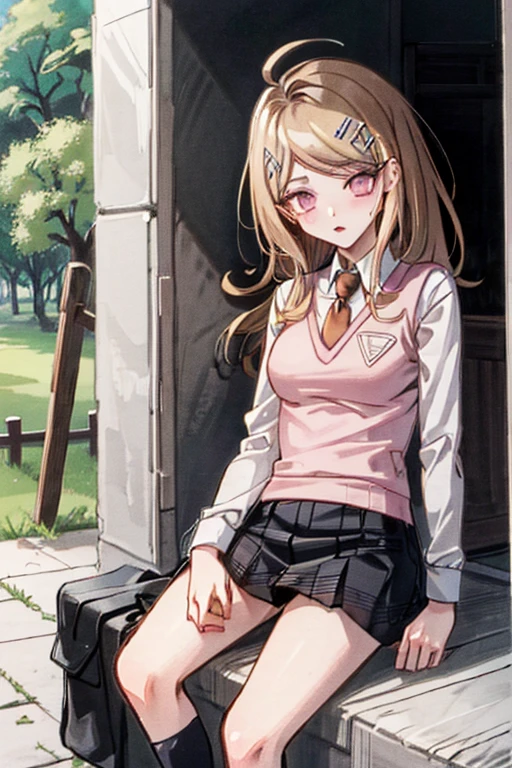 (masterpiece:1.2, Highest quality),(anime), 10-year-old girl,,Purple Eyes,Beige hair,Bangs are the same length from end to end,My bangs are covering my eyebrows,No gaps in the front hair,Cropped bangs,Bangs,On Bridge,school bag