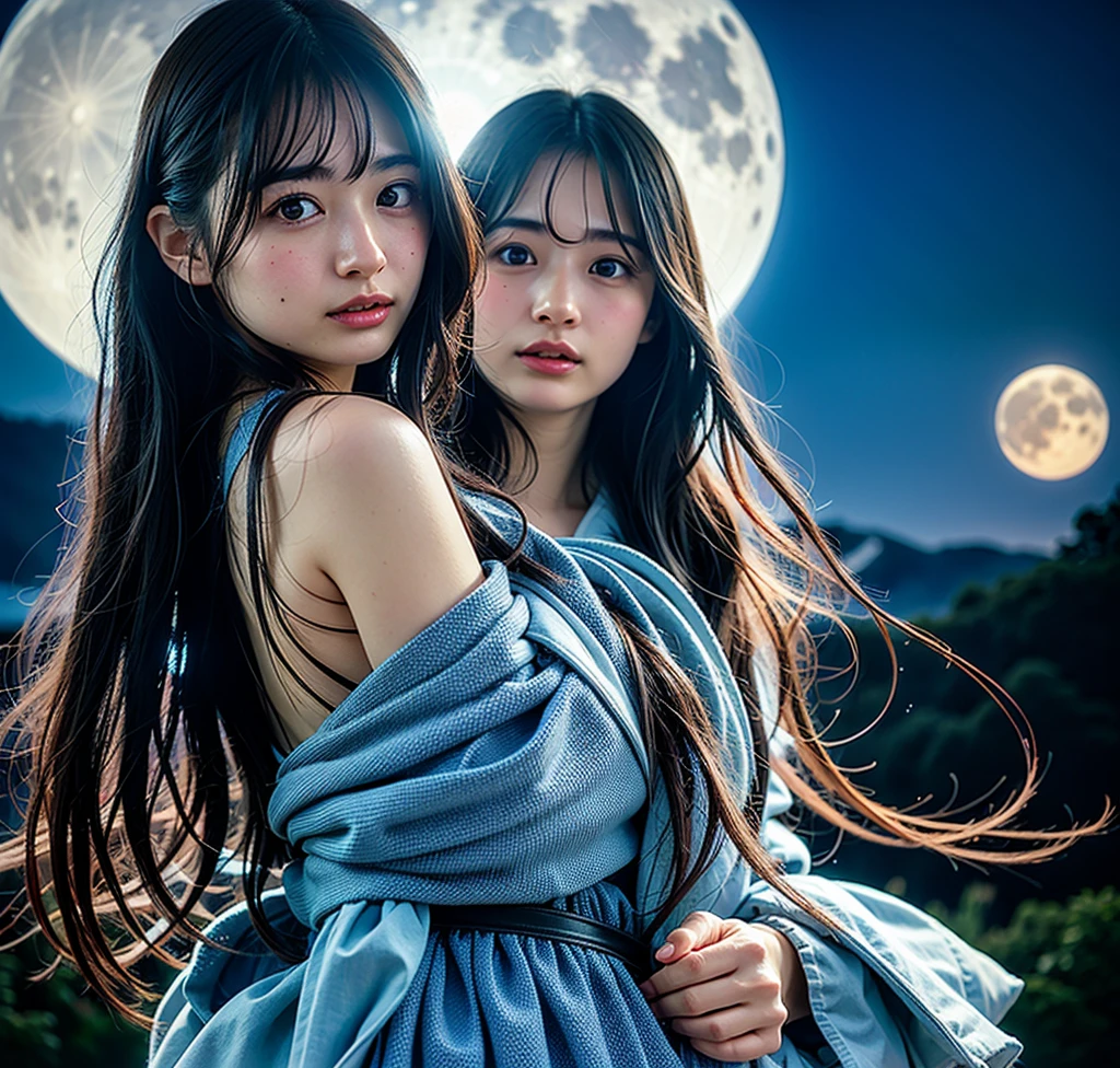 Beautiful 2 german woman posing, , straight photoshoot pose, full body portrait, moonlit night, night time, winter, walking on forest path, detailed face, cute, big eyes, iconic, photorealistic, mountain temple, detailed background, small breasg wavy hair, symmetric face, masterpiece, 8k, ultra realistic, no cloths