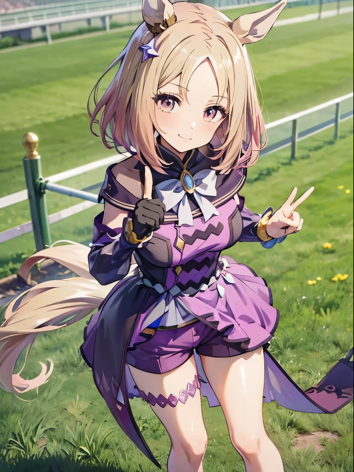 Narita Top Road \(Uma Musume\), 1 girl, Alone, cute girl,Best Quality, super detailed, anime style,8k, high definition, detailed face, smile, (purple shorts),((Competition)),目を閉じたsmile,peace sign,I'm dyeing my cheeks a little red, standing on the grass ,Above the knee images,An upshot from the thigh