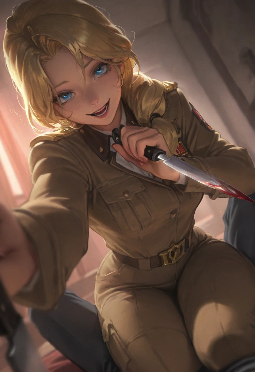 (masterpiece, Highest quality: 1.1), Flat Chest, Small breasts, Curvy, army, army, Wicked Smile, Red eyes, Neutral lighting,Intense penetration sex,Creampie Sex,