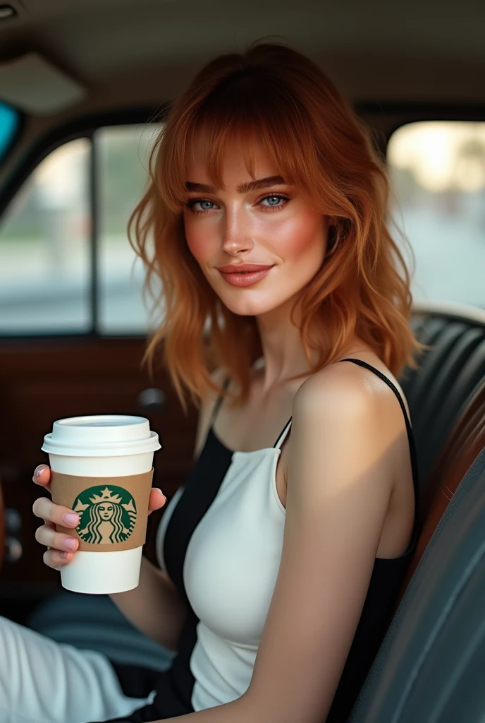 mj, Photorealistic cinematic image of a beautiful homeless girl with short red hairdo., sitting inside her truck with the door open heading home with a takeaway cup of coffee, hungry, Try to keep a positive attitude in your uncertain future., sad eye, bokeh, shallow depth of field, The natural lighting of the late afternoon merges with the neon light of the city.