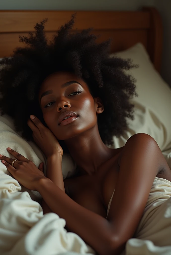 masterpiece, best quality, 1 girl, solo, beautiful African and sensual Asian mixed 19 year old, mouth slightly open, laying on white sheets, bed, ebony skin female, long, silky, curly long dark hair spilled on pillow, perfect face, long hair