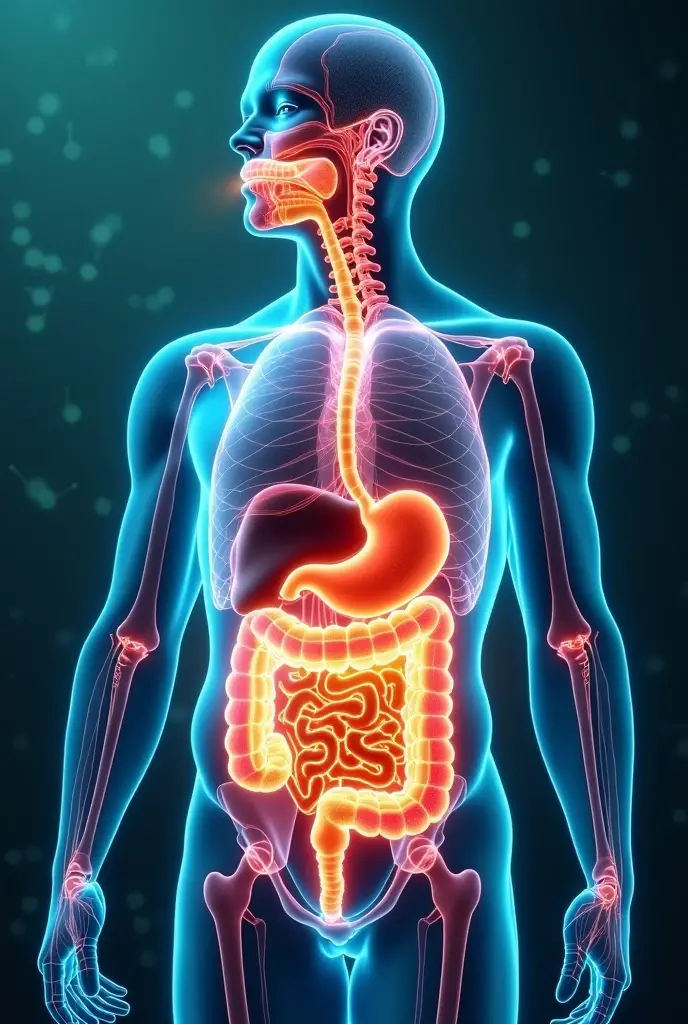 Image of a woman from the front, visible nervous system, visible brain, visible intestine, orange and blue colors