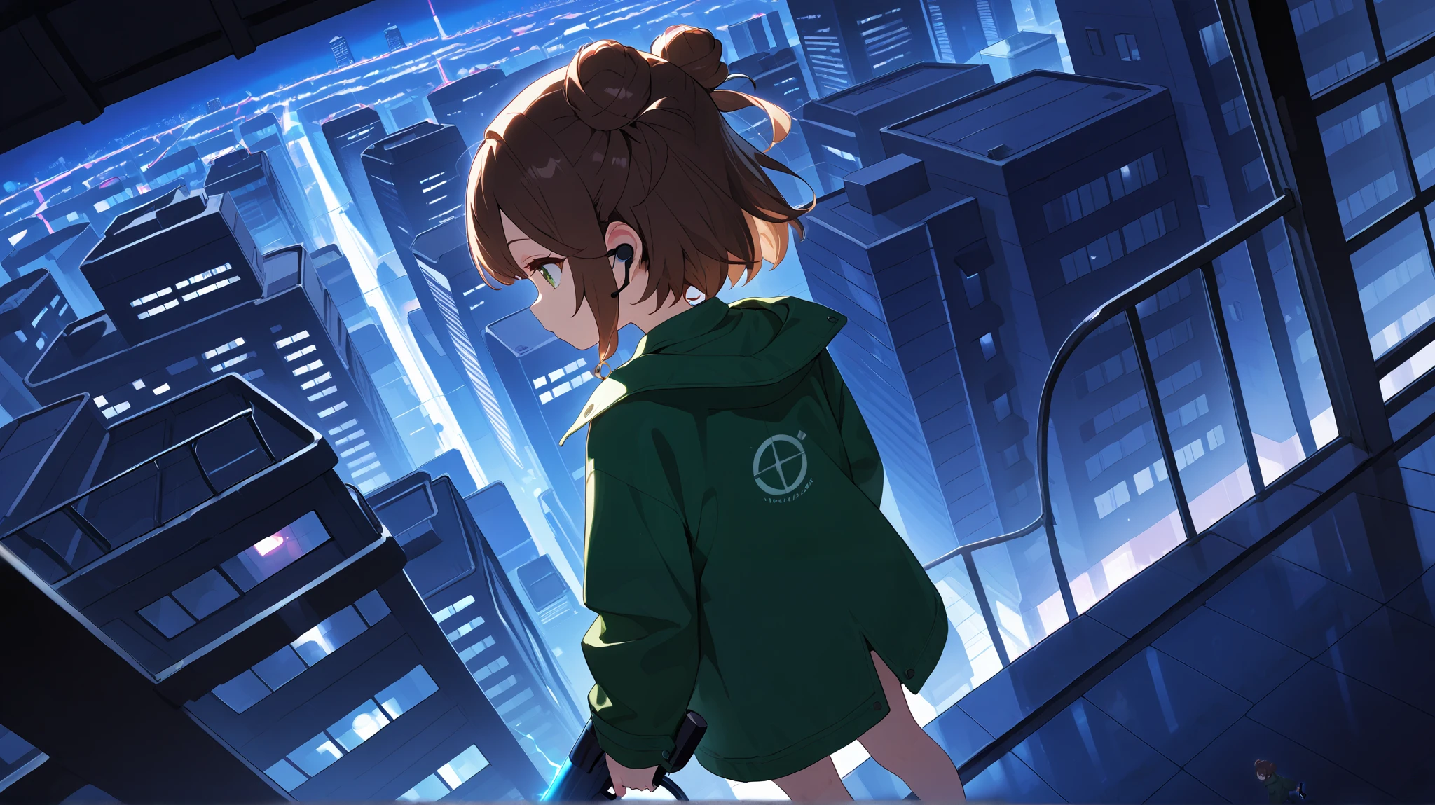 (Incredibly Absurdres Absolutely Resolution: 1.5), Top Quality, Masterpiece, Ultra High Definition, 1 adolescent, short hair, hair buns, brown hair, green eyes, detailed eyes, smooth lines, cute,  pose, big headset, wearing a green jacket, on a rooftop, seen , looking at the city, city at night, city lights, high angle, dramatic angle, poster, adventurous feeling, seen from the far, standing on the edge, holding a portal gun (/Portal/)