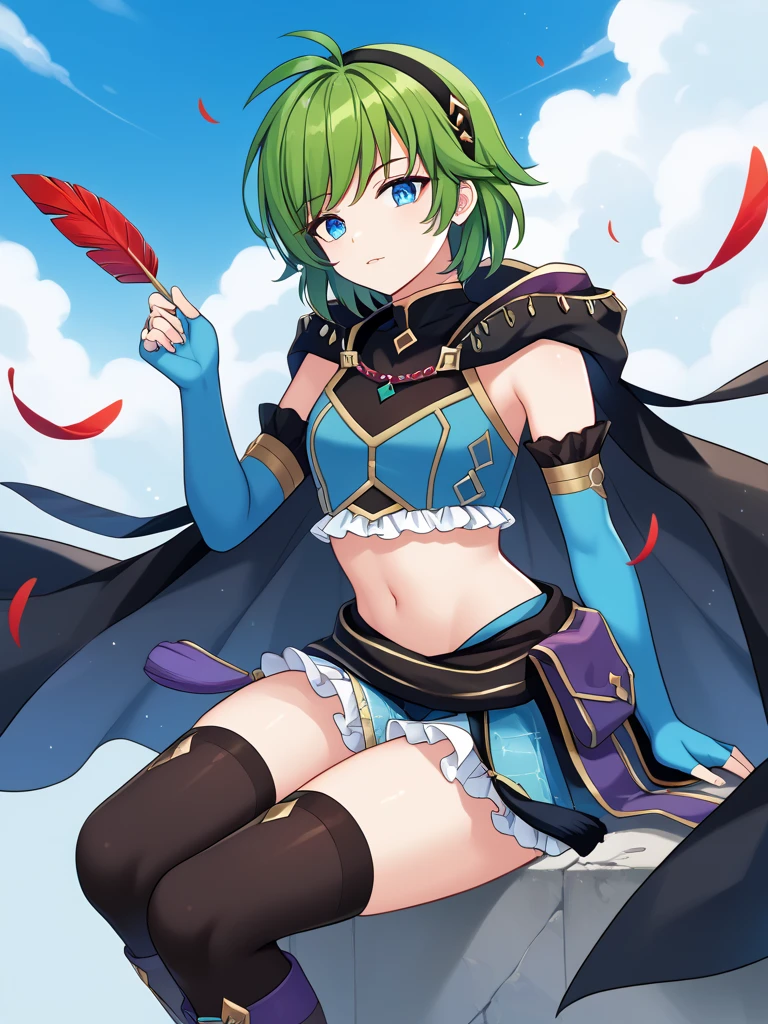(masterpiece, best quality:1.3), Rizdraws, Thin Lineart, male, solo, looking at viewer, flat chest, feminine male, green hair, full body, cowboy shot, :o, necklace, bare shoulders, strapless dress, vambraces, belt, white dress, white thighhighs, single thighhigh, holding staff, palutena, parted bangs, tiara, panty bulge, big butt,