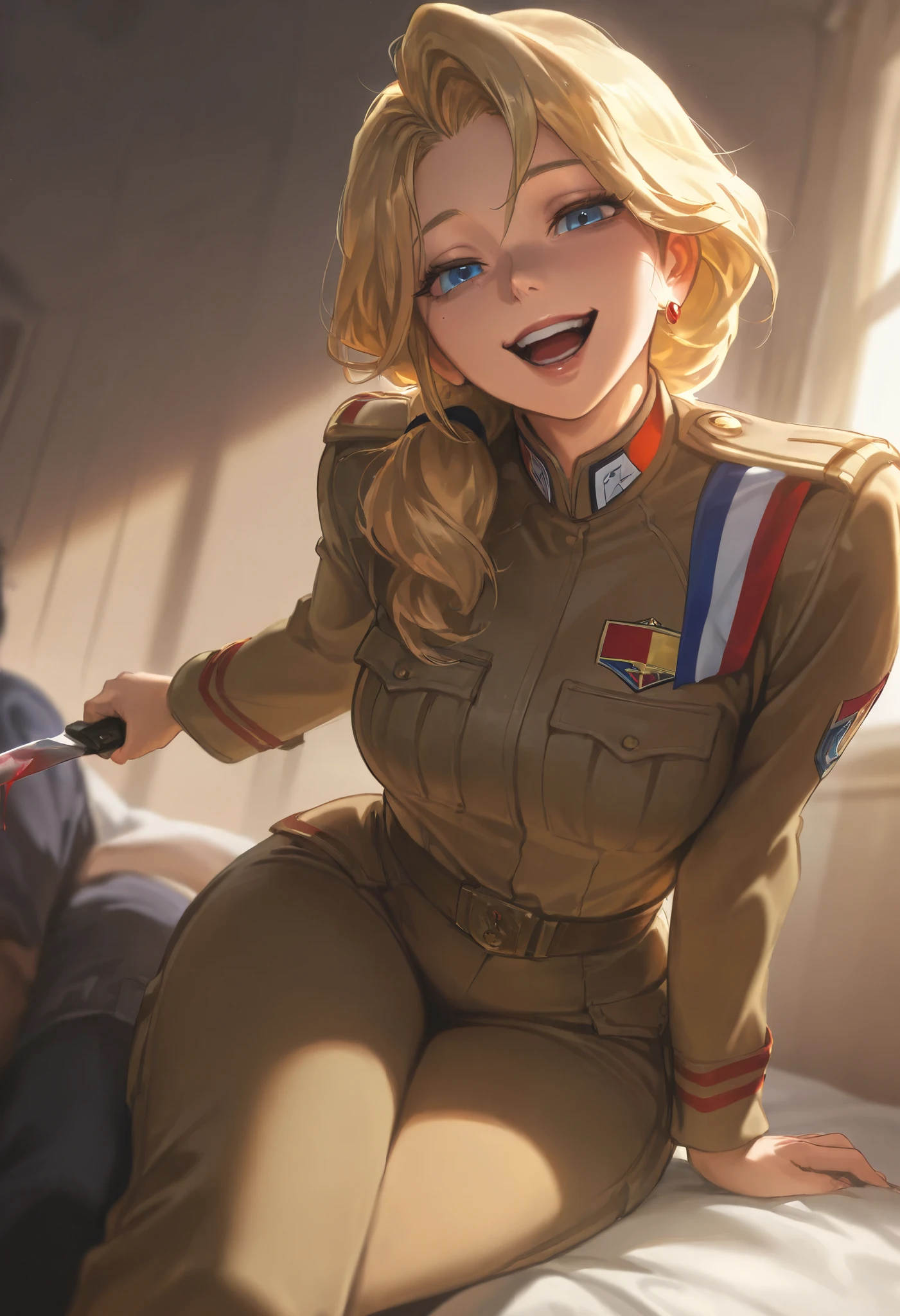 Masterpiece, score_9, score_8_up, score_7_up, score_6_up, masterpiece, portrait, 1female, blonde, long tied hair, blue eyes, mature woman, taller frame, dynamic angle, deadly laughing, yandere, cruel gaze, blood, wide hips, dommy mommy, taller frame, mature female, golden jewelry, wearing a militar uniform, L0LSPL4SH, kneeled down, on viewer lap, sitting on viewer lap, holding a knife, france flag on the shoulder,