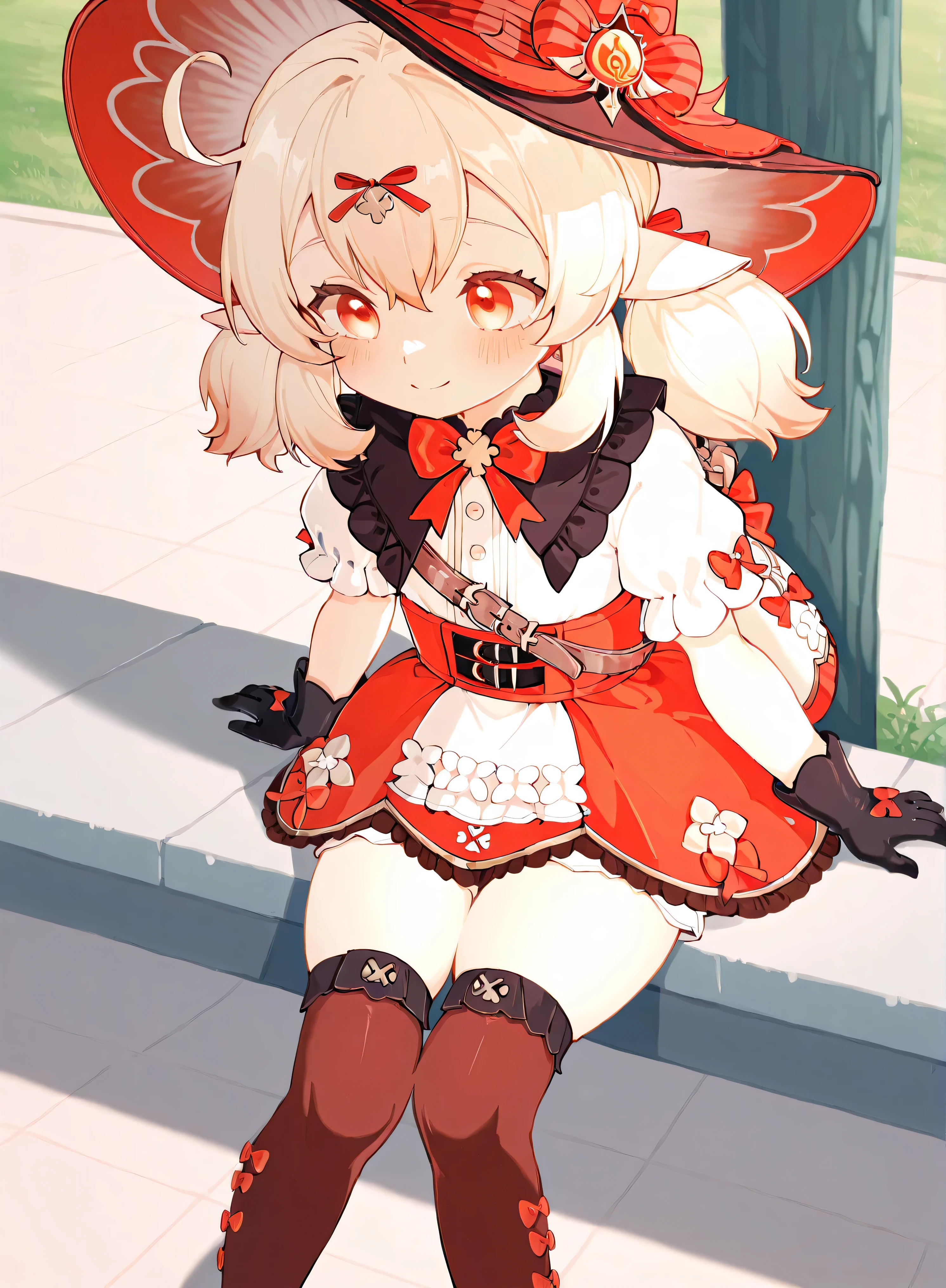 score_9, score_8_up, score_7_up, source_anime, masterpiece,best quality,amazing quality, Klee_(Blossoming_Starlight)_(Genshin_Impact),black glove, sitting, thigh highs,mini skirt,slim thighs, smile, blushing, girl, park area,