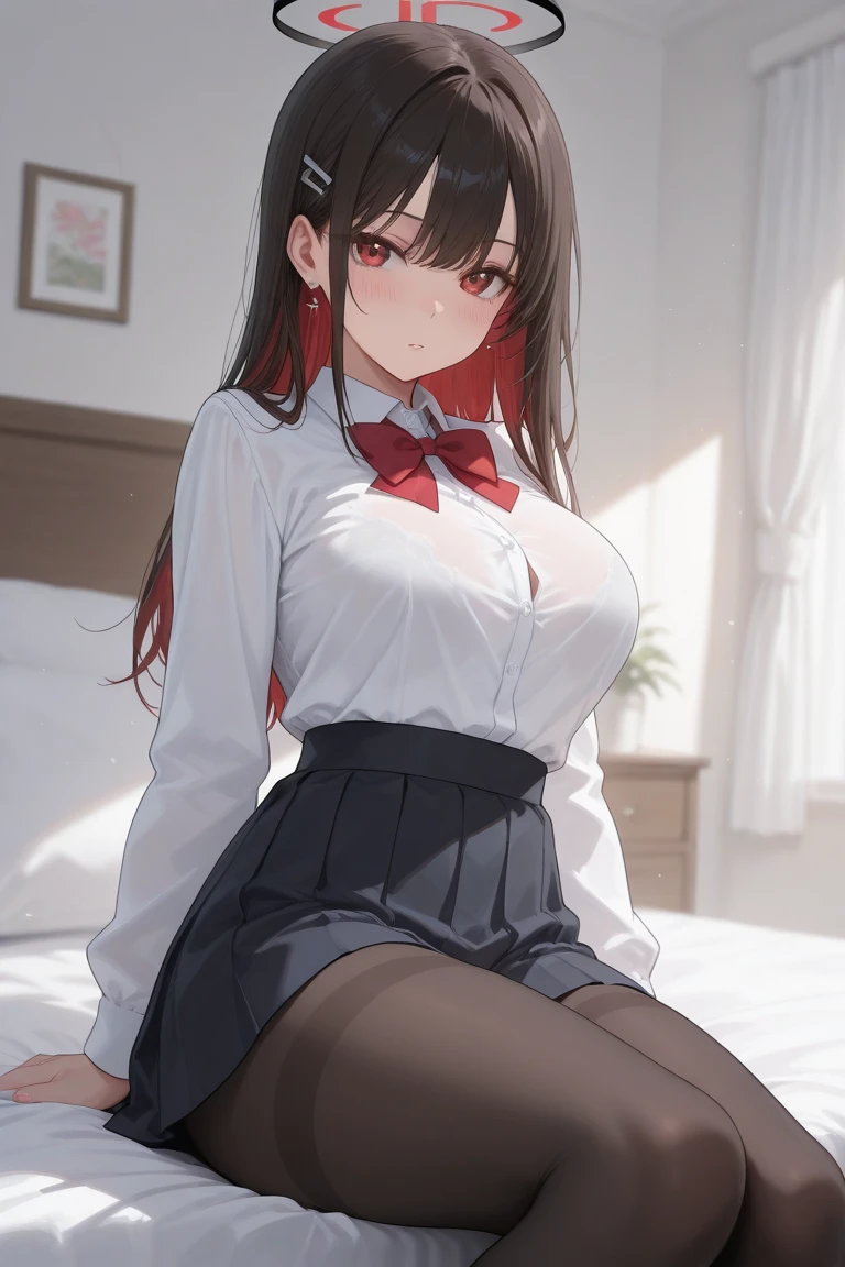 1girls, Female teacher，Delicate and beautiful face, get  blush, Purple pupils，crimcon hair，Full, symmetrical chest，Convex buttocks，white blouse shirt，black sleeve，yellow bowtie，white  panties，red short dress，Black lace stockings，Sweat all over the body，perfectly proportioned, Detailed clothing details, bed room，Liquid effect，Cinematic lighting, filmgrain, Fujicolor, light and darkcontrast, 8K, 巨作, Textured skin, Super detail, high detailes, High quality, highly resolution,