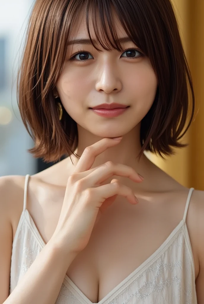 (Highest quality、4K、8k、High resolution、masterpiece:1.2)、Very detailed、(Genuine、Realistic、Realistic:1.3)、Japanese women、blonde、pixie cut、smile、Forward bending、Bend forward、Leaning forward、(Backless)High-neck sleeveless knit dress、(((side boob)))、Sideboob、Side bust、Side bustを強調、Put your arms behind your head、(((from side)))