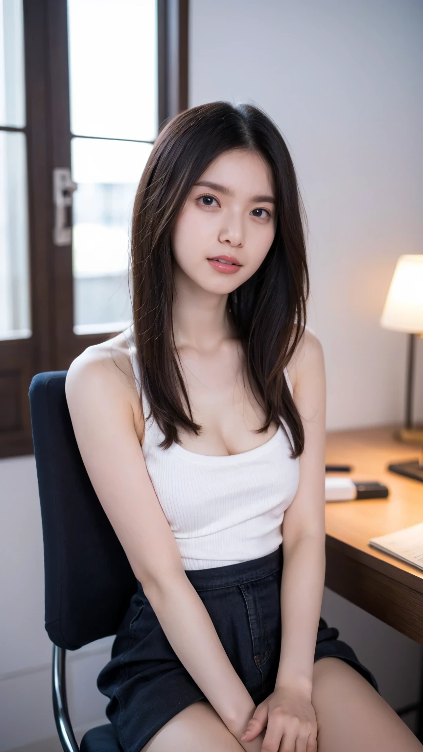 (top-quality, 16K, ​masterpiece:1.3), (ultra detailed), (masterpiece), (best quality), Highest quality, Realistic, Surreal, Highest quality, Extremely detailed CG, Very delicate, 16K wallpaper, High resolution, A woman in a management position at a prestigious company, (38歳), ((Silky hair:1.2)), (beautiful short hair:1.2), BREAK ((upper body:1.5)), ((look into the viewer's eyes:1.5)), ((looking at viewer:1.5)), ((Front view:1.5)), ((from front:1.5)), BREAK cute girl, short girl, short arms, ((small eyes)), fleeting atmosphere, ((thin eyebrows:1.2)), ((thin lips:1.5)), ((orgasm:1.5)), ((ecstasy:1.5)), ((mole under eye:1.2)), BREAK ((small breast)), (((little girl's body:1.5))), (((petite body:1.5))), pretty girl, ((UNTITLED business suit:1.2)), ((Very simple necklace)), With a large window Japanese office, ((Working at desk:1.5)), Japanese, slender body, very detailed, detailed fingers, detailed hands, detailed eyes, detailed legs, accurate and perfect human anatomy, real human skin,