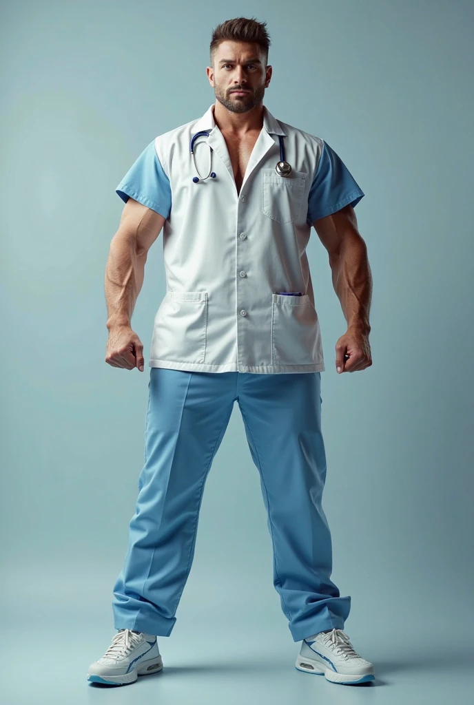 A very muscular gym worker doctor, wore half of his working suit ,has his material on his neck, looking forward ,