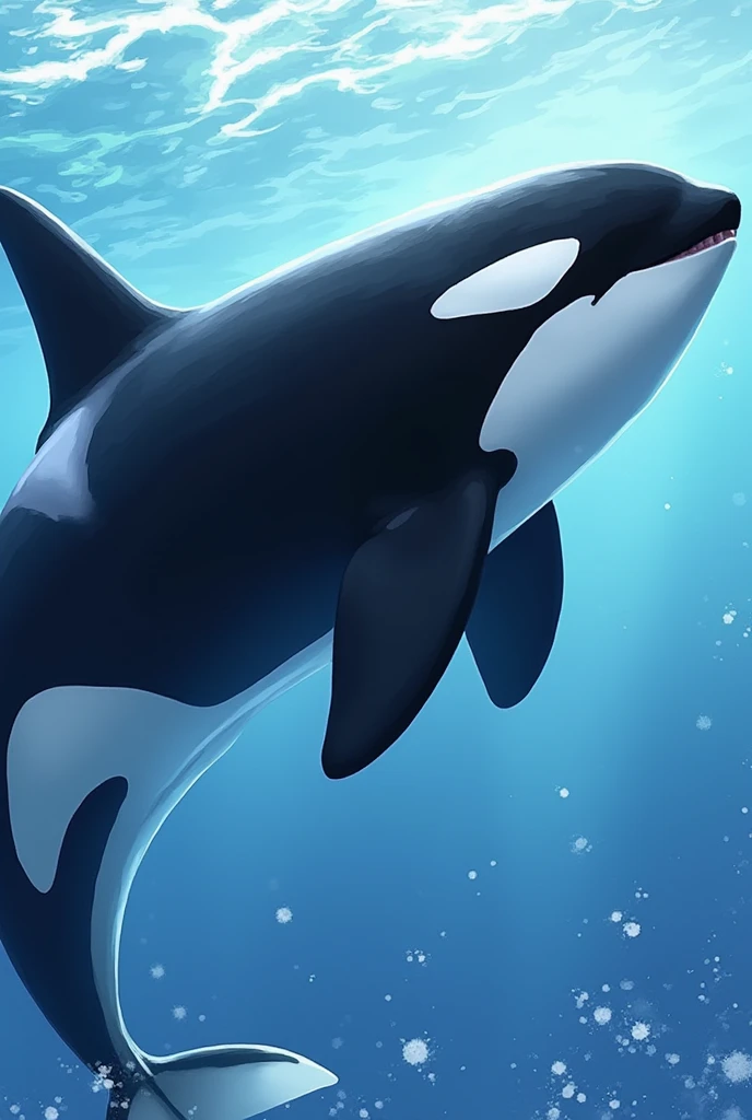 Killer whale, ((anime:1.5)), Orca, killer whale, dolphin-like shape,  black body, characteristic white spots