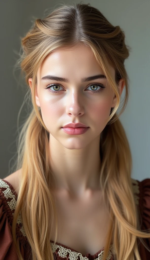 woman, smile, medium neck dress, warm light, shadows, Photograph of a 25 year old woman, (ambivalent facial expression), face looking at camera, full face, portrait, faces are visible more, and the eyes look straight, broun textured leather cloth, goosebumps, ash blonde mermaid with braid, Perfect eyes, realistic skin texture, too much sweat, (ektachrome), Velvia 100 color, shot with Leica T, hips, sharp focus on the subject, shot by Peter Lindbergh, bright, fair, realistic look, tika on forehead, nose jewelry, African lips, red lipstick, pink slip, big breast, leather bra, leather short, 
