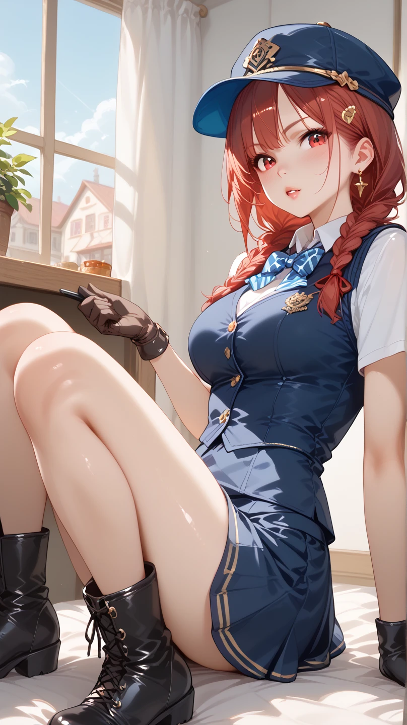(Prominence in Masterpiece, Best Quality: 1.2), solo, 1 girl, Miku nakano, serious, mouth closed, looking at viewer, hand on face, sitting, legs crossed, collared shirt, tie up, skirt, stockings , big thighs, big breasts)