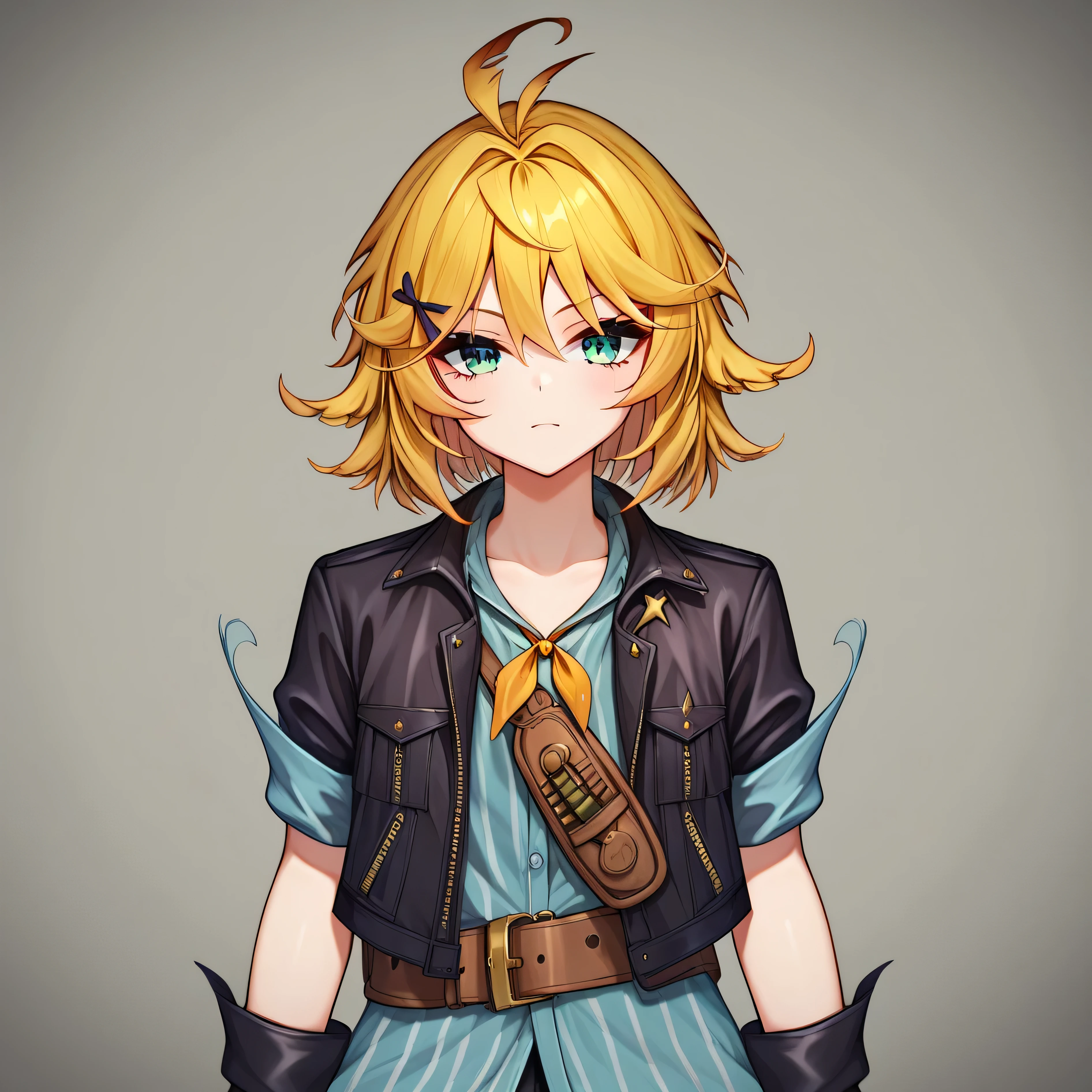 masterpiece, best quality, detailed eyes, detailed face, detailed skin, vivid eyes, score_9, score_8_up, score_7_up, full body shot, 1girl, solo, in studio, DokiBH, blonde hair, blue shirt, short hair, ahoge, x hair ornament, black jacket, black gloves, bangs, green eyes, hairclip, brown belt, pants, hair between eyes, vertical-striped shirt, white pants, open jacket, collarbone, yellow neckerchief, antenna hair, bullet, holster, sleeves rolled up,