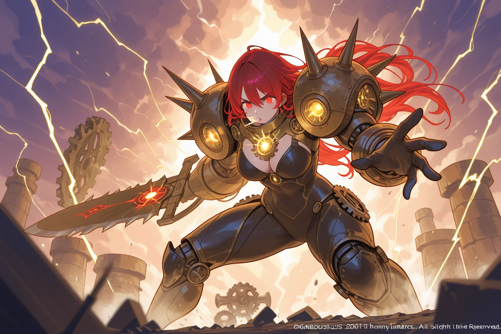 Gold armor, 4K image, rallies, best quality, masterpiece, movie lighting ,Sexy,Female warriors,Large Breasts,Cleavage,action,In battle,cleavage,Sweat,Blushing,Armor battle damage,red long hair,wielding a sword