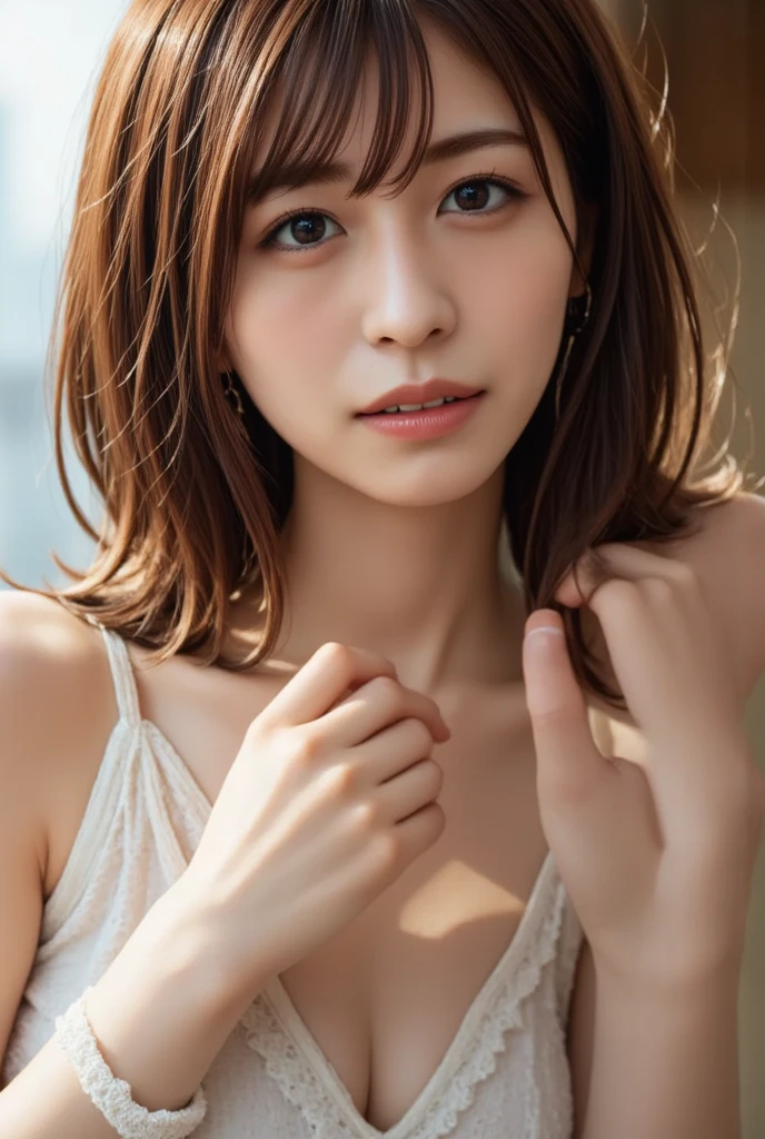 (RAW photo, highest quality), naked, Sheer Dress, tight waist、necklace, 、very delicate and beautiful, soft light, (brown hair, short hair swaying in the wind, bangs), beautiful detailed girl, (finger details), highly detailed eyes and face, beautifully detailed nose, beautiful and detailed eyes, 1 girl, Japanese, Neat beauty, cute, young, smile, , (medium breasts), realistic face, realistic body, naked, The hair on the skin shines、rough skin、mole on face and chest、dress swaying in the wind、stare at the camera、tight waist、garden、Bokeh
