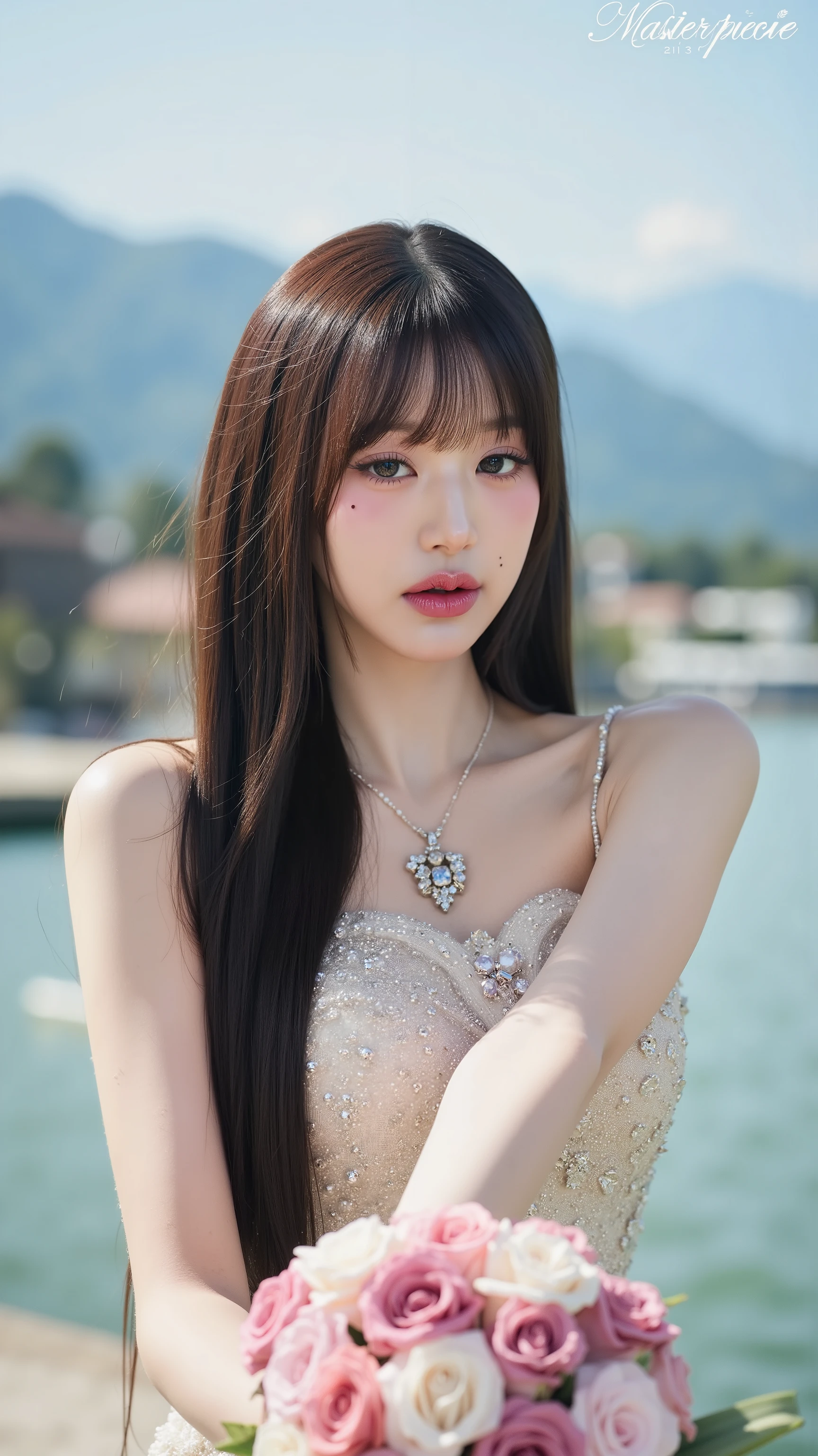 A close up of a woman in a wedding dress holding a bouquet, gorgeous young korean woman, beautiful young korean woman, beautiful south korean woman, jaeyeon nam, 2 , 2 , jinyoung shin, very beautiful young woman, very beautiful girl, 2 , korean girl, (Best quality, high resolution, Masterpiece: 1.3), a beautiful woman with a slender figure, (dark brown layered hairstyle), wearing a pendant, ((kebaya_bali)) outdoors, scenic beauty, lakes and mountains in distant background, details in face and skin texture beautifully rendered, details eyes, (best quality, high resolution, masterpiece: 1.3), a beautiful woman with a slim figure, (dark brown layered hairstyle),((kebaya_bali)), outdoors, background random, details in face and skin texture beautifully rendered, detail eyes, double eyelids, seductive laugh, feminine laugh, seductive pose.
Masterpiece, ultra detailed, realistic, photo realistic, high detail RAW color photo, professional photograph, extremely detailed, finely detail, lens flare, Dynamic lighting, 8K, RAW Photo, Best High Quality, Masterpiece: 1.2, Ultra HD: 1, High Detail RAW Color Photo, Pro Photo, Realistic, Photo Realistic: 1.5, Live Photo, Super detailed, Masterpiece, Real Skin, Realistic Skin, Realistic HD Eyes, Highly detailed Eyes, Perfect Eyes, Perfect face, Perfect fingers, extremely detailed face, extremely detailed eyes, extremely detailed skin, perfect anatomy.