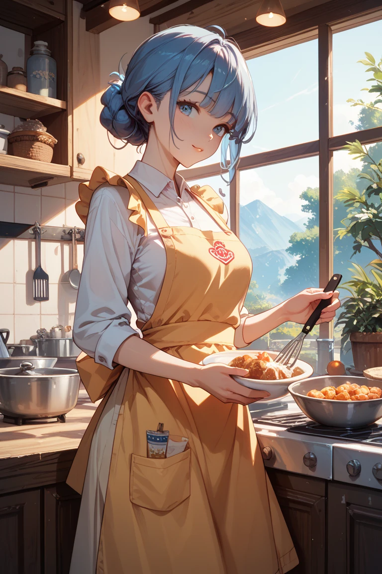 A girl of  is standing in the kitchen wearing a transparent apron, she is not wearing anything under her apron. 